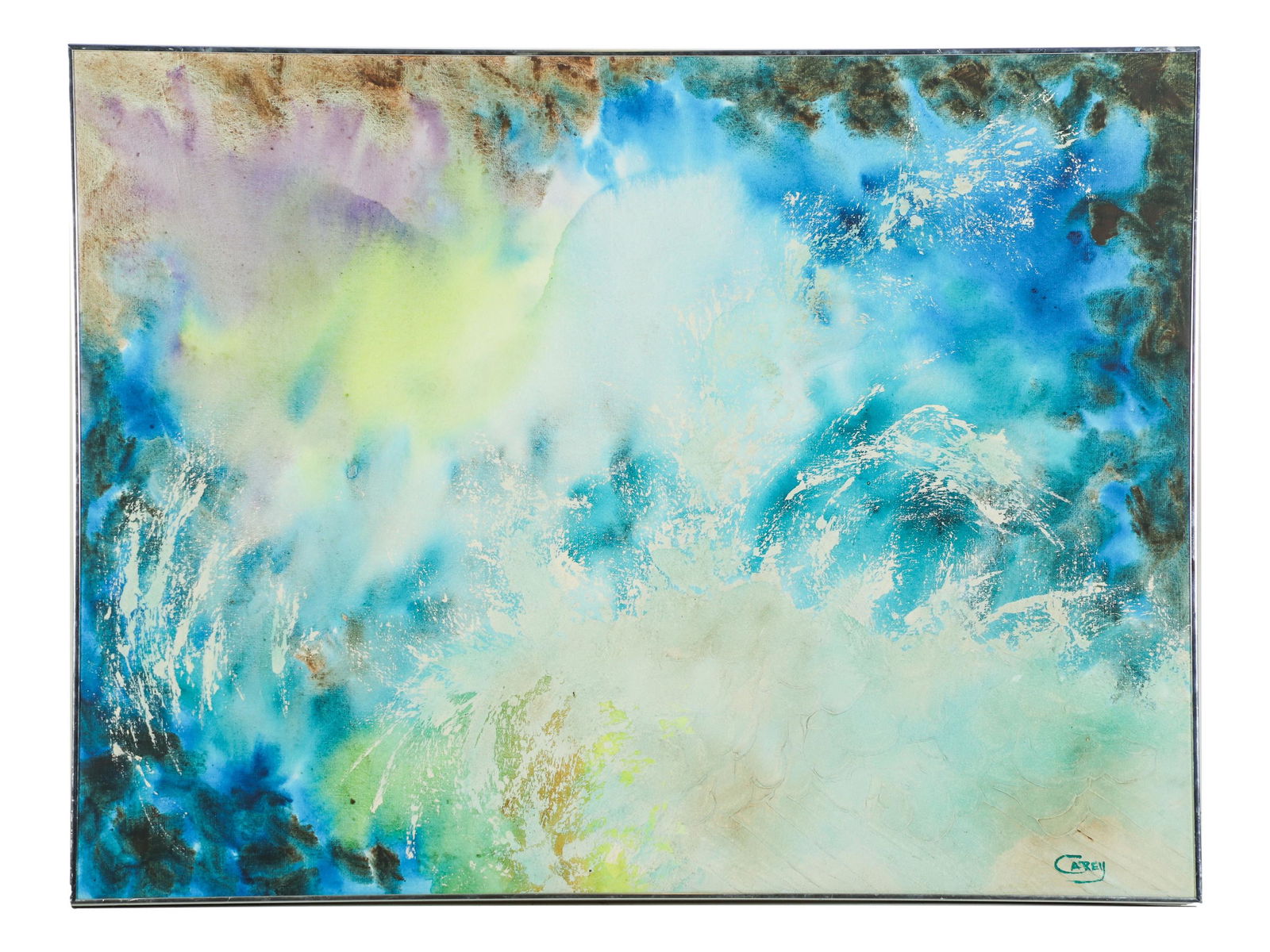 Mary A Carey 1903-1973 Modernist Oil Painting: Mary Carey (American, 1903-1973). Oil painting on canvas. Titled "Apollo". An abstraction work in blues, greens, yellows and white. Artist signature lower left corner. Title on verso. Presented in a c