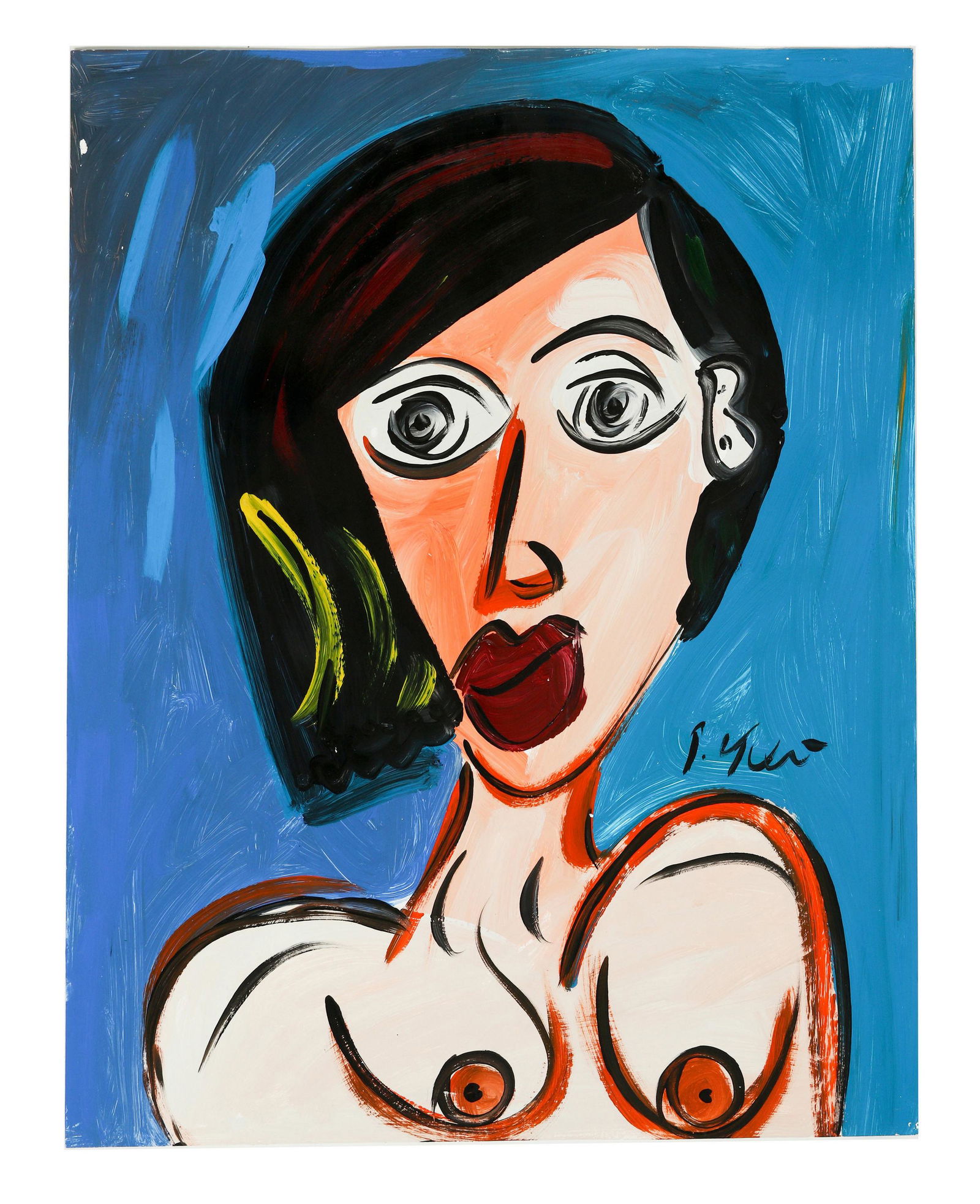 Peter Keil b.1942 Lovely Audrey Portrait Painting: Peter Robert Keil (German, born 1942) Original Neo Expressionism abstract portrait painting on paper. Titled "Lovely Audrey". Work features colorful Picasso inspired semi nude study of actress, humani