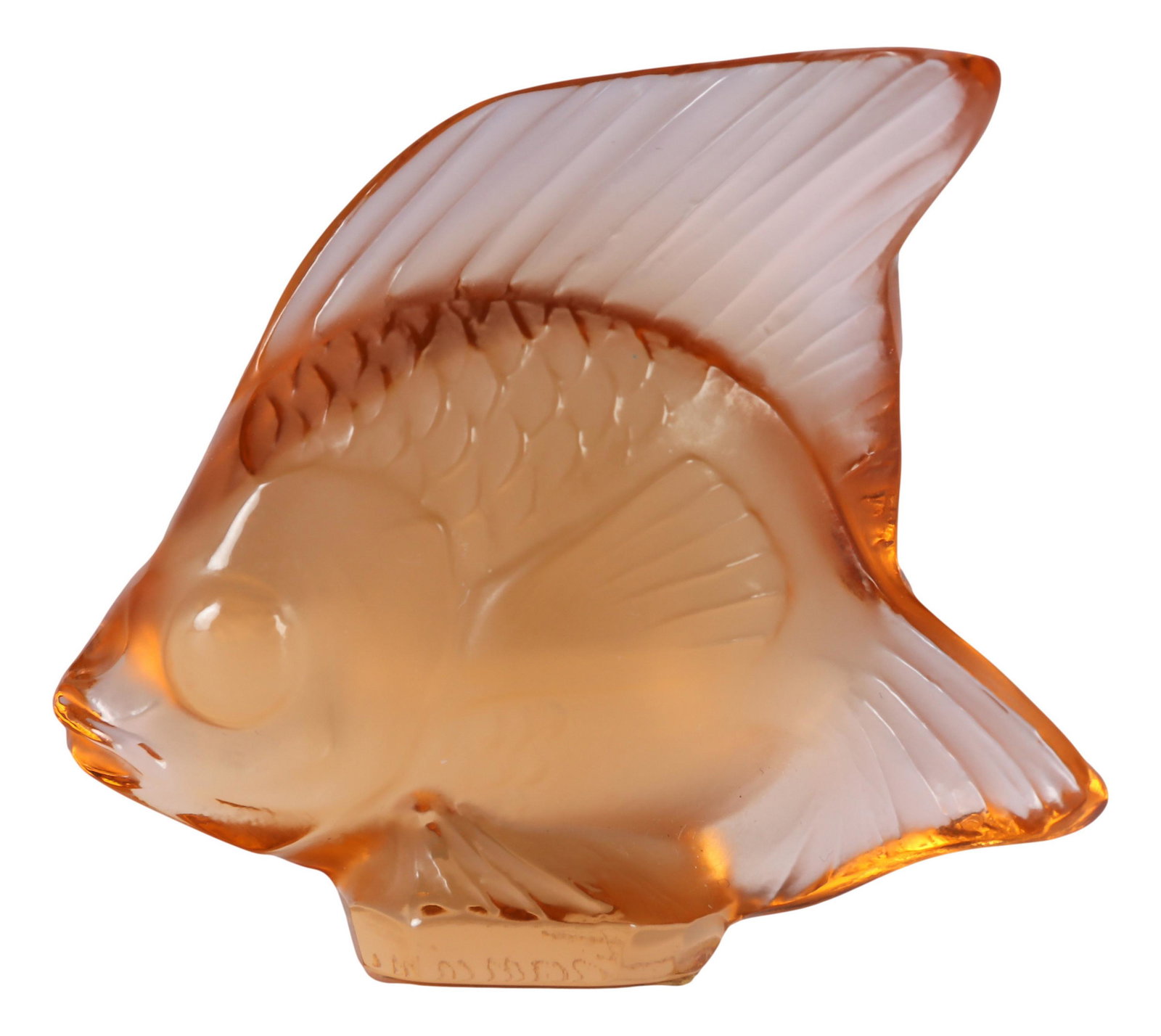 Lalique Crystal Amber Poisson Fish Glass Figurine: 20th century hand crafted frosted crystal art glass French fish figurine. This "Poisson" fish was originally designed in 1913 by Rene Lalique. This example is of a later date period. Features a textur