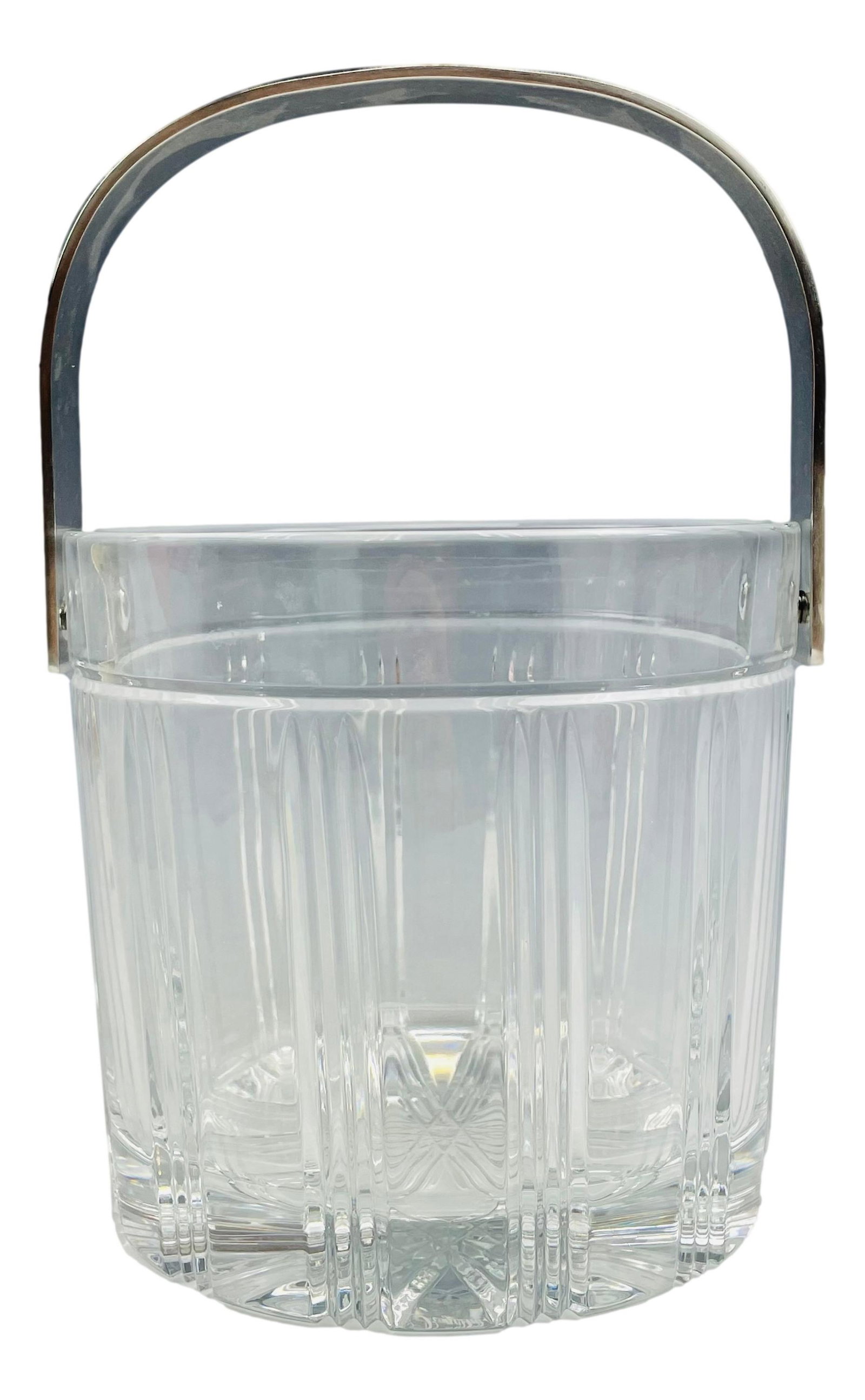 Mystery Maker Art Deco Crystal Glass Ice Bucket: Solid heavy thick walled clear crystal art glass ice bucket champagne cooler. Features a vertical ribbed pattern around the body, the underside with a starburst with hobstar in the center. Chrome meta