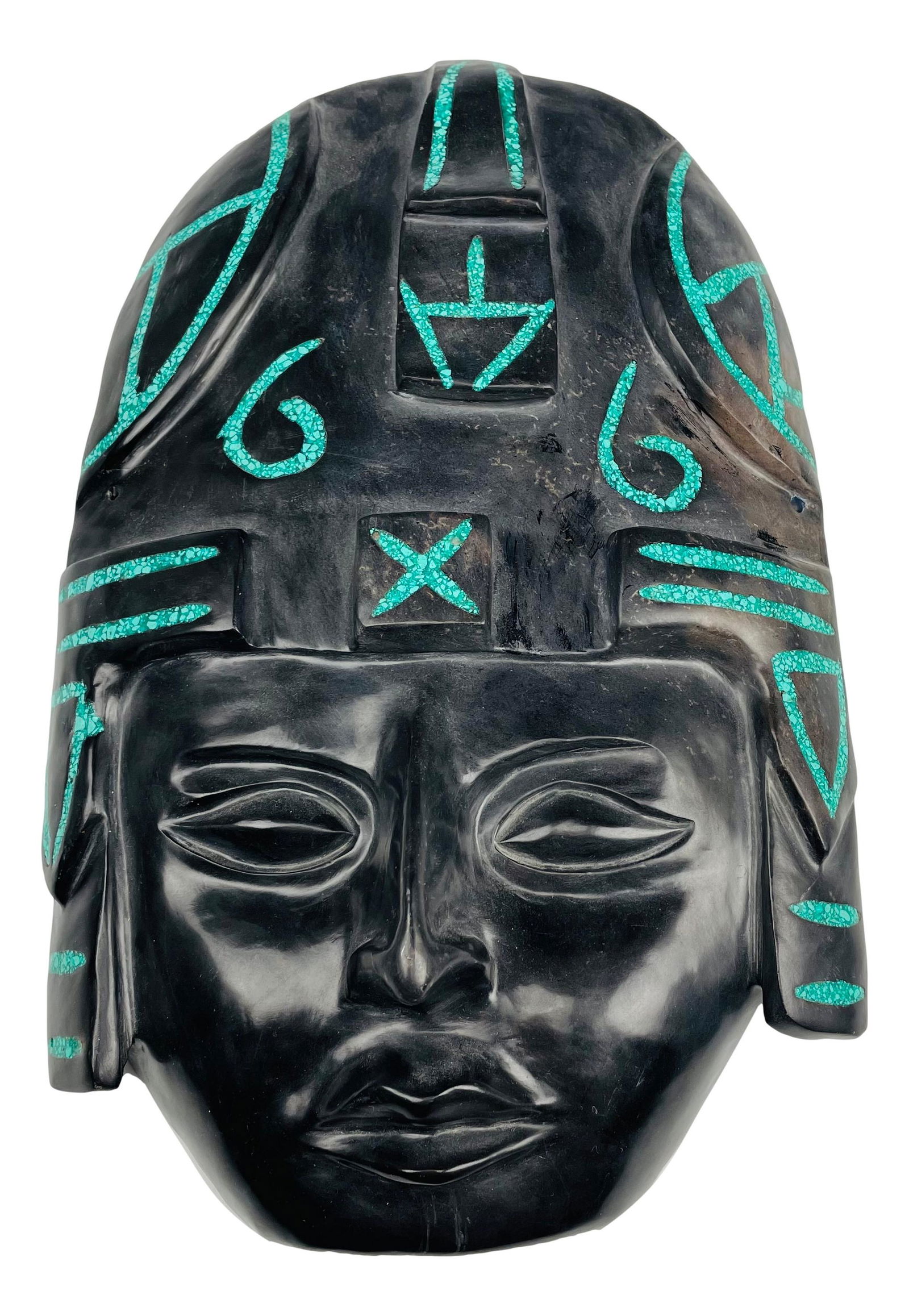 Carved Black Turquoise Inlaid Stone Tribal Mask (1 of 4)
