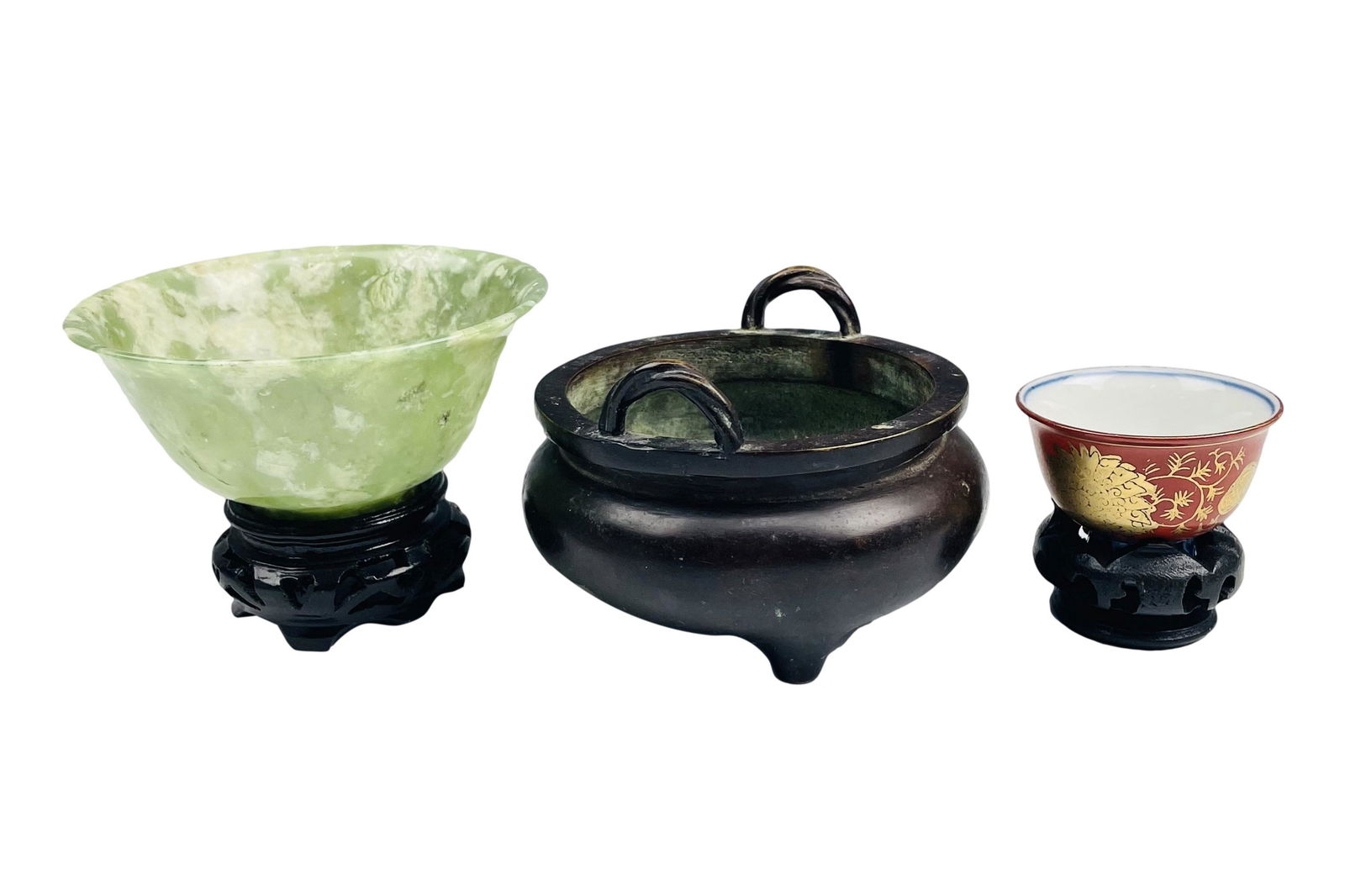 Antique Chinese Jade Porcelain Bronze Cup 3pc LOT (1 of 9)