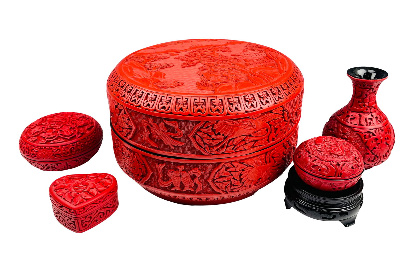 Chinese Carved Red Lacquered Cinnabar Ware 5pc LOT (1 of 6)