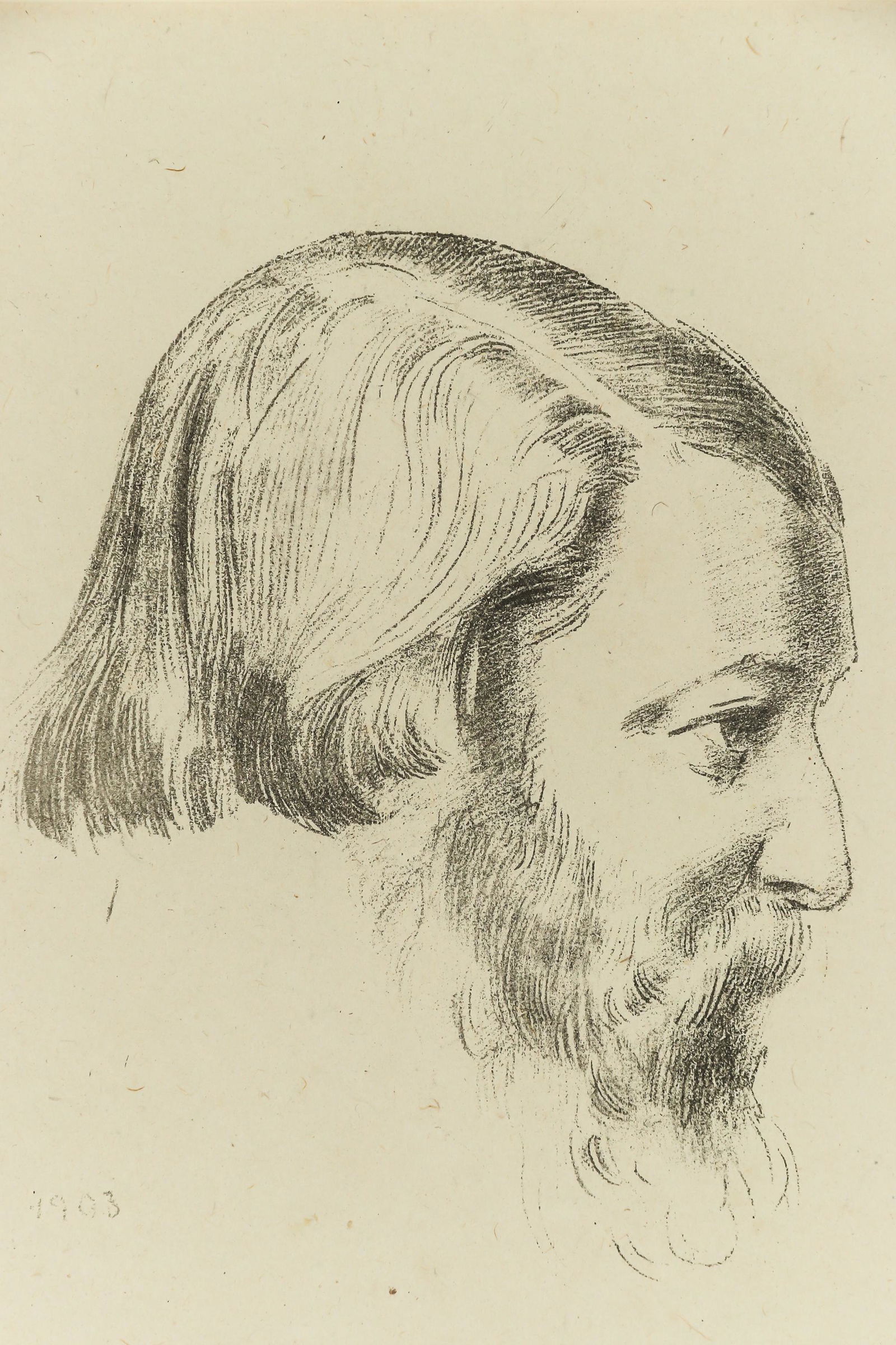 Odilon Redon 1840-1916 Gentleman Lithograph SIGNED: Odilon Redon (French, 1840-1916). Original lithograph on paper. A portrait of a bearded man, titled "Paul Serusier", dated 1903. Bears pencil signature lower left. Litho is mounted to stock paper matt