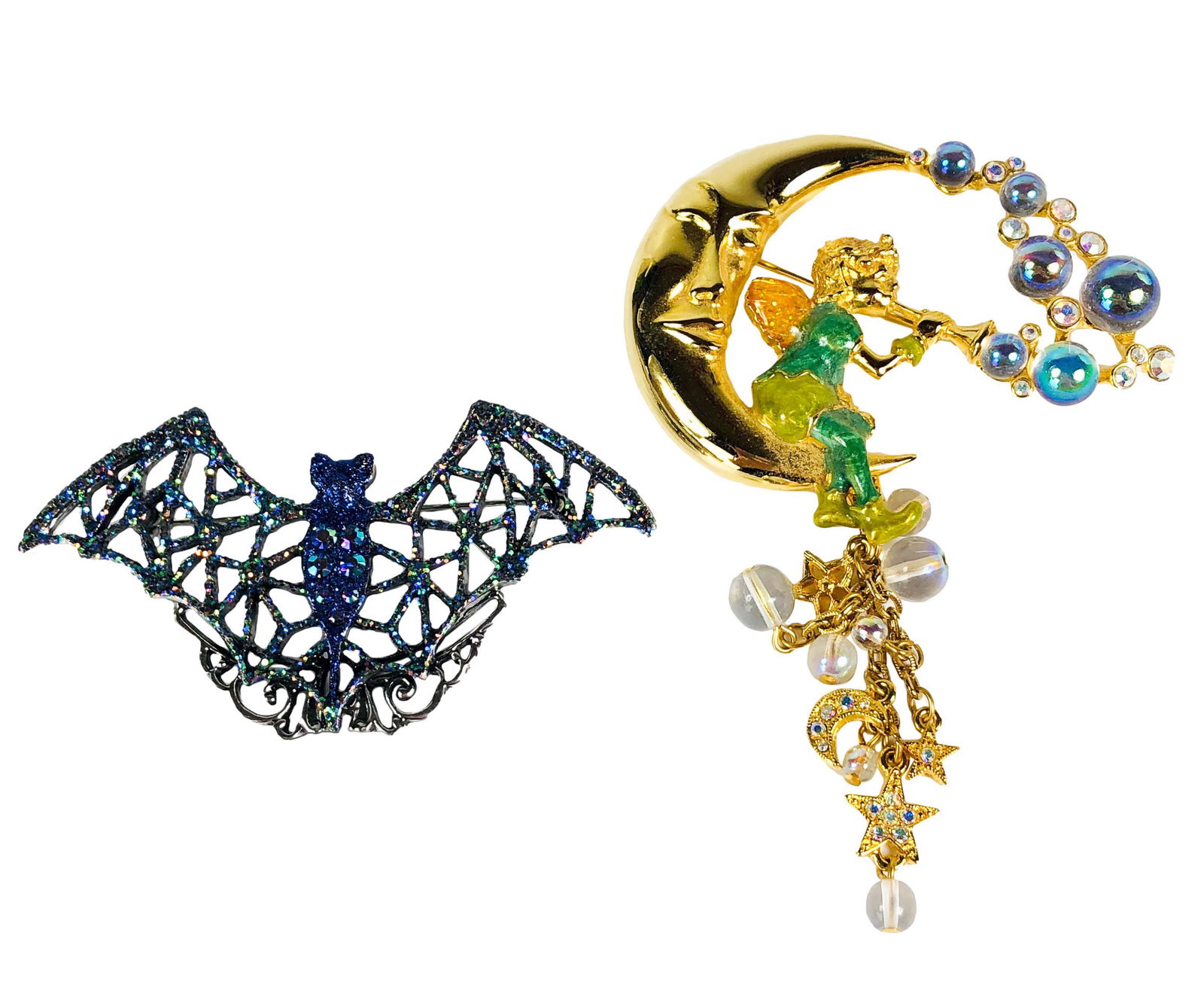 Kirks Folly Angel Moon & Bat Designer Brooch Pins: Designer ~ Jennifer Kirk ~ Co founder, CEO, Creative Director and owner of Kirks Folly ~ a fanciful, whimsical and fairy filled line of fantasy jewelry, home accessories and clothing that was sold on