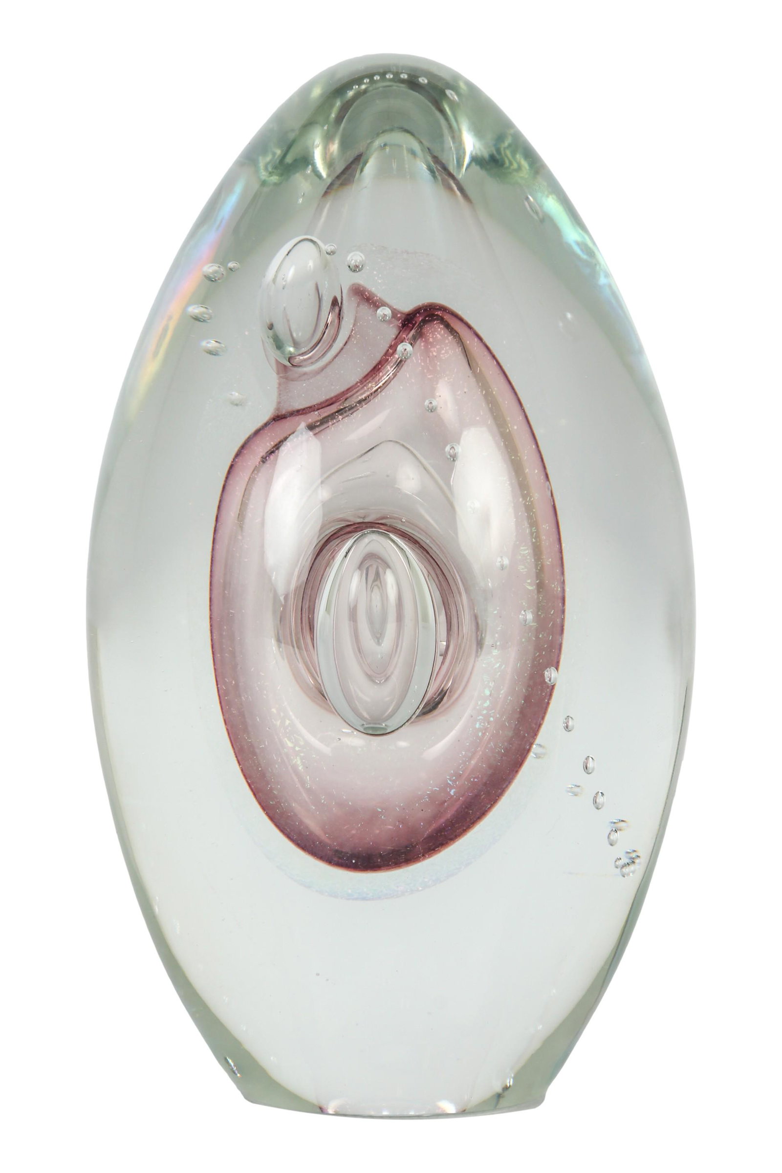 Eickholt Controlled Bubble Desk Paperweight SIGNED: Robert Eickholt ~ well known American glass artist blowing glass for over 30 years. Founder of Eickholt Glass, Columbus, Ohio 1978. Design showcases varying sized controlled bubbles encased in clear l