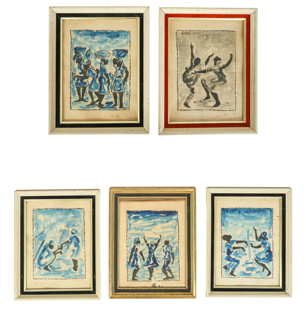 Haitian Folk Art Watercolor Painting SIGNED 5p LOT (1 of 7)