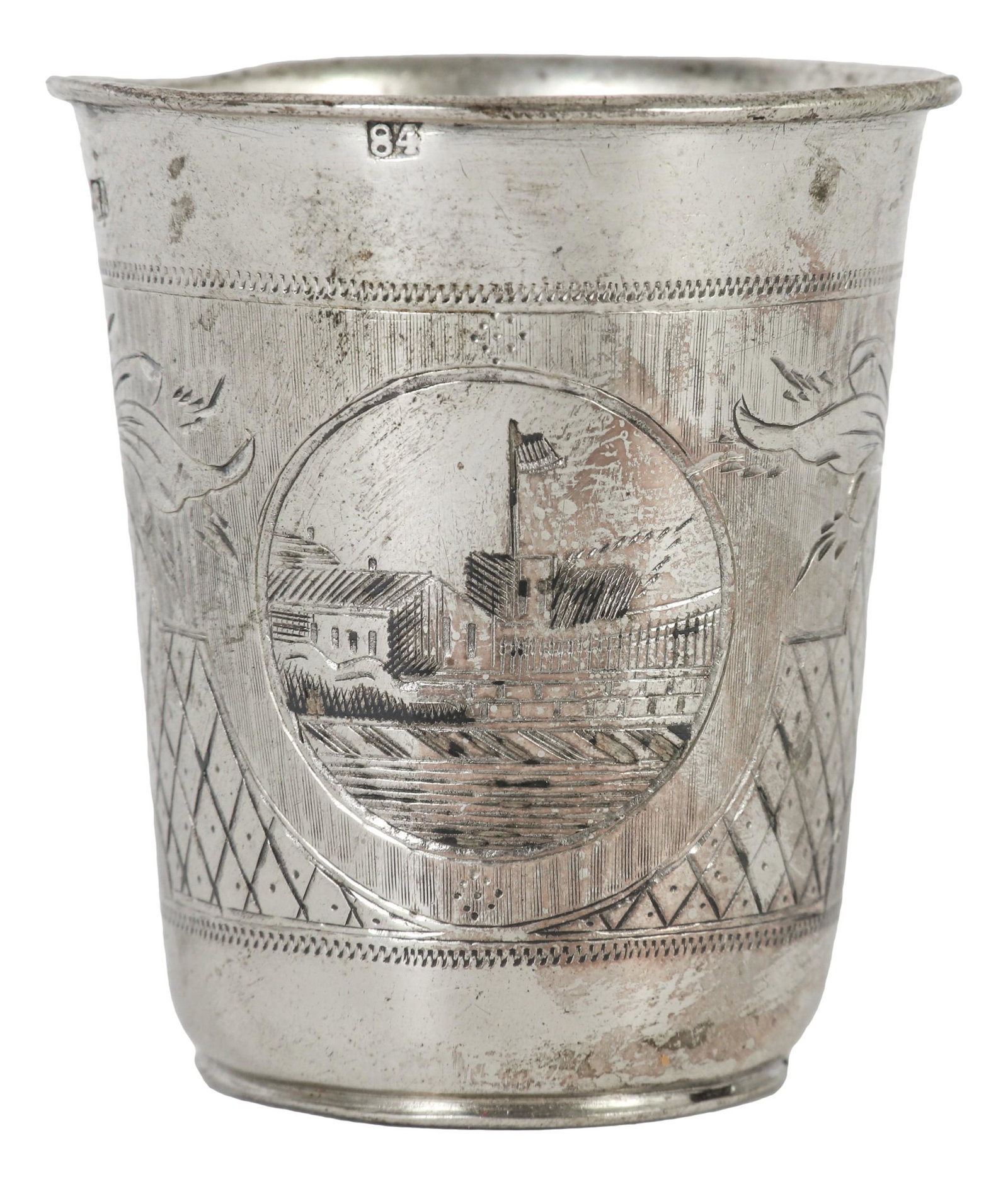 Russian 84 Silver Etched Wine Vodka Kiddush Cup: handcrafted late 19th C Russian 84 silver kiddush beaker cup. Features 2 cartouches around with an etched harbor boat scene in one, a building structure in the other against a floral and cross hatch g