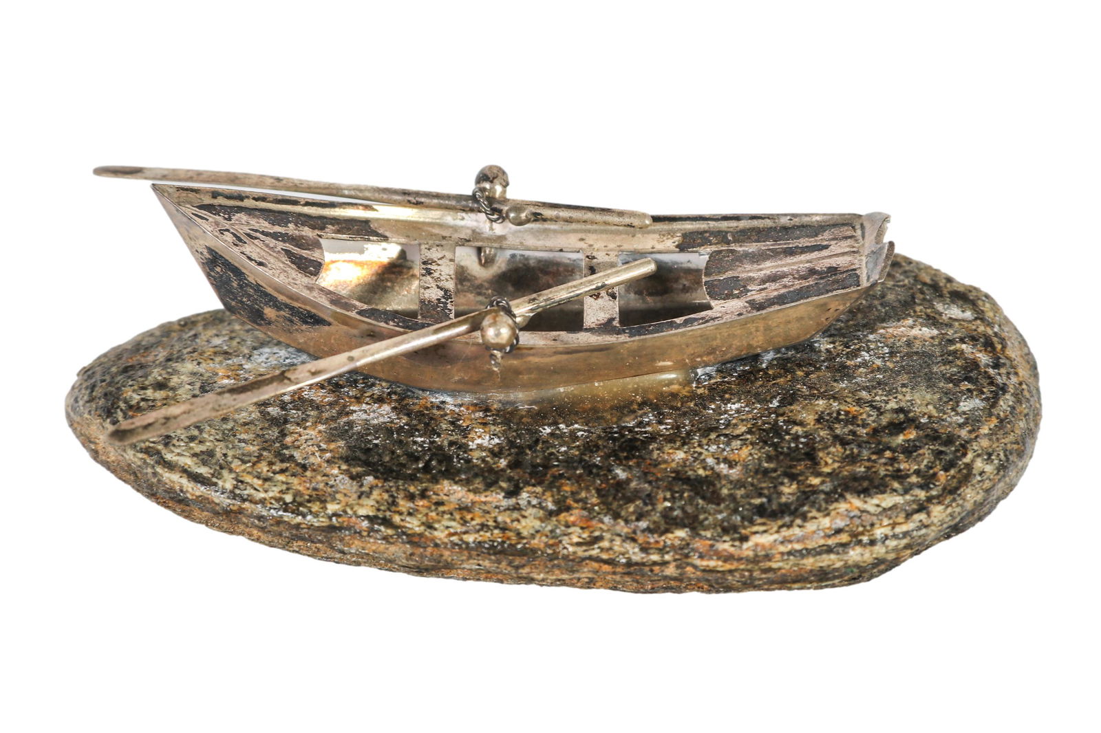 Solid Fine Silver Mini Row Boat w Oars on Stone (1 of 4)