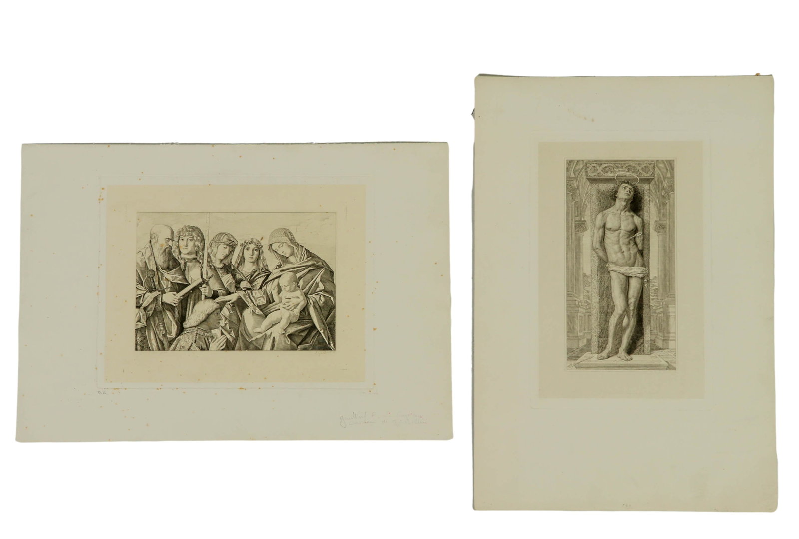 Antique Engravings after Claude Gaillard 1834-1887: Estate collection of two antique engravings on paper, after Claude Ferdinand Gaillard (French 1834 - 1887) engraving. Lot includes: (1) Engraving of a semi nude male figure with a halo, and (1) Figura