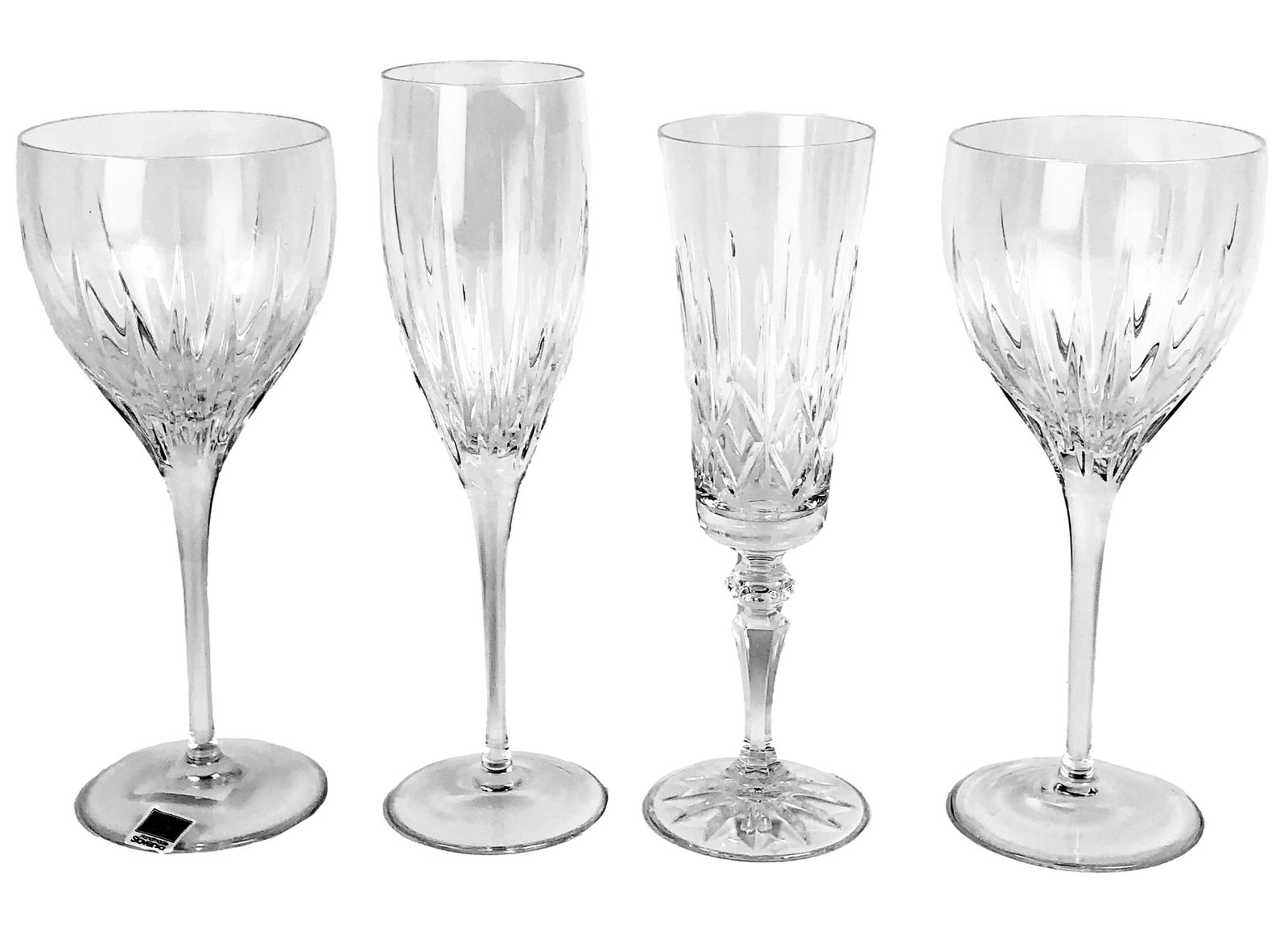 Rogaska Galway Crystal Wine Champagne Goblets SET: Includes ~ 2 x Slovenian crystal Rogaska Miller "Soho" pattern water goblets and 1 Fluted champagne. Production years : 1989 - 2010. 1 x Galway English crystal fluted champagne goblet in the "Longford