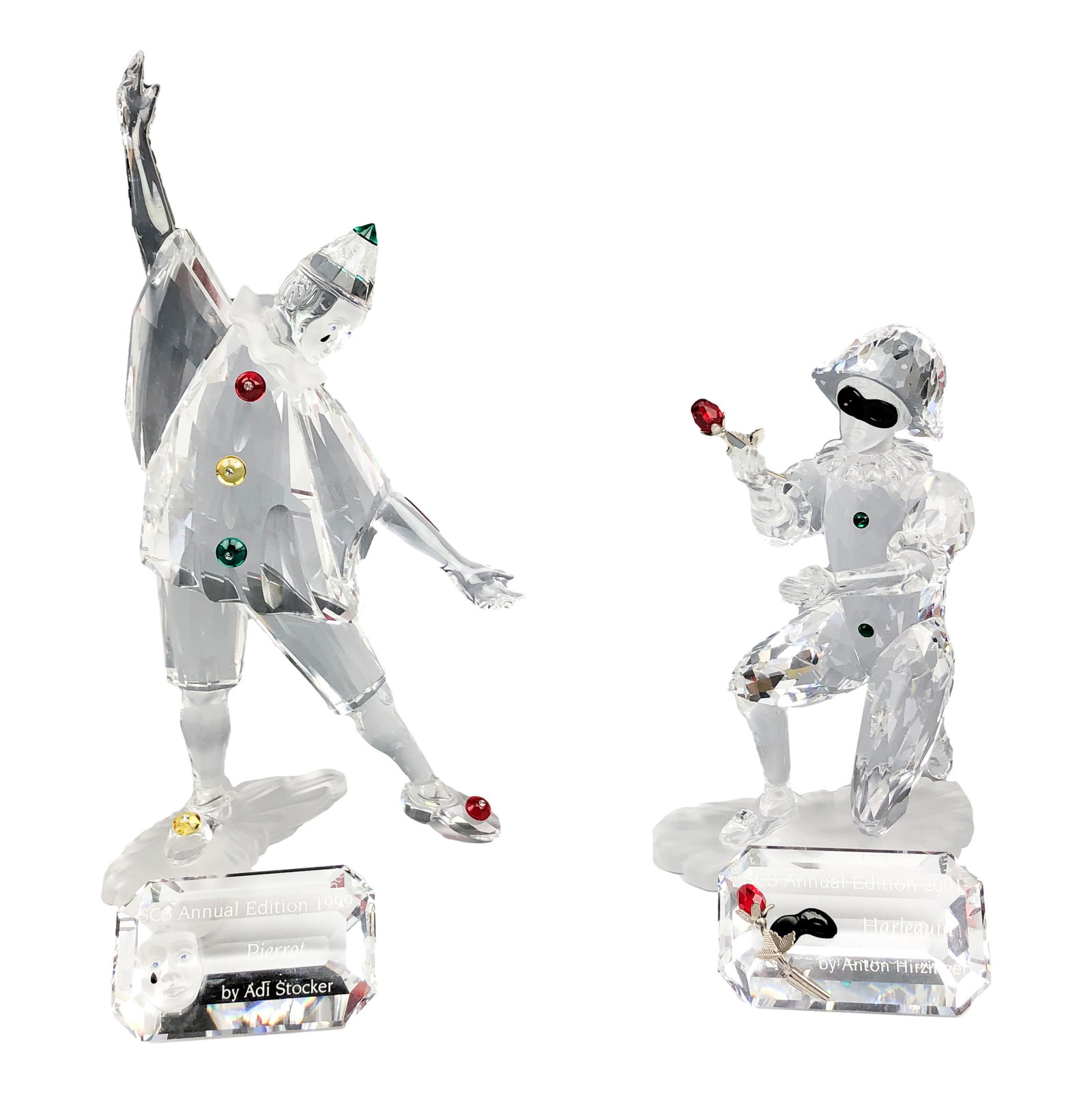 Swarovski Crystal Harlequin Pierrot Figurine w Box: Includes ~ 1 x Pierrot designed by Adi Stocker. Production years : 1999 - 1999. 1 x Harlequin designed by Anton Hirzinger : Production years : 2001 - 2001. Both these annual edition figurines were the