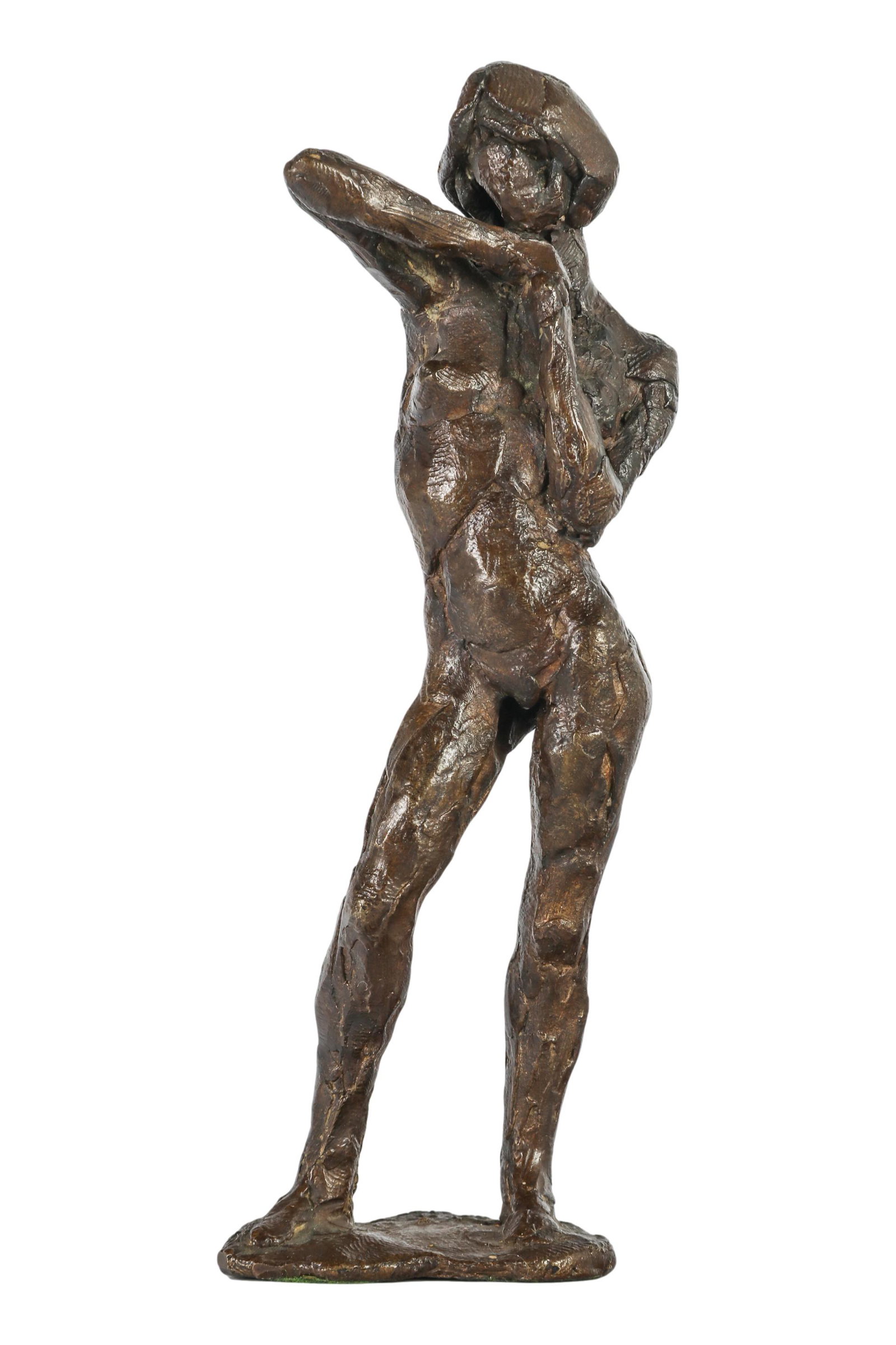 20th C Bronze Female Nude Art Sculpture SIGNED: Studio handcrafted bronze metal figural sculpture depicting a standing nude female resting her head on her hand, in a thoughtful pensive pose. Signed ~ impressed name of artist on the base although il