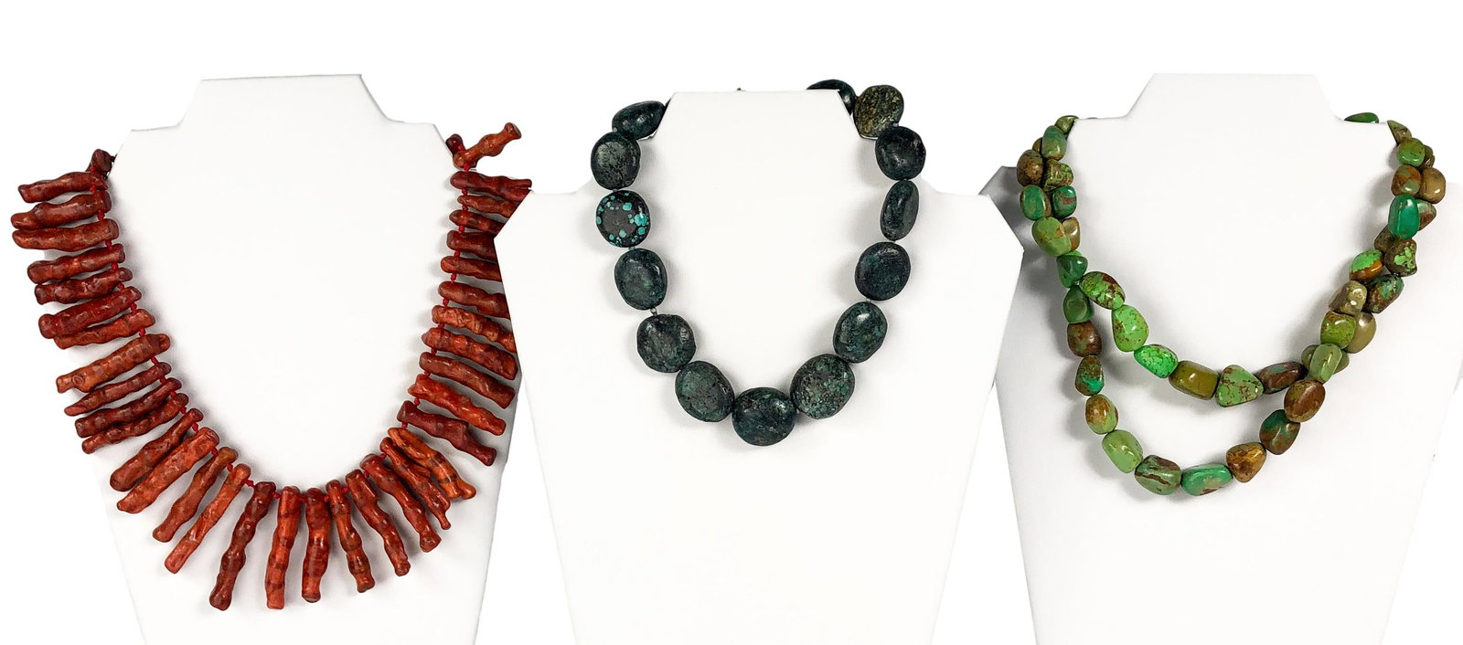 Branch Coral & Turquoise Nugget Necklace 3pc LOT: Includes ~ 1 x hand knotted red branch coral necklace. 1 x flat irregular size turquoise necklace by Kenneth Lane. 1 x double strand multicolor turquoise graduated style necklace. Finished with simple