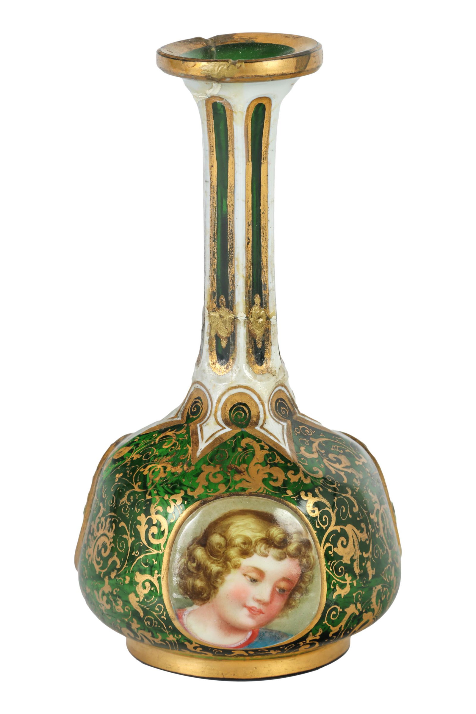 Moser Czech Painted Portrait Floral Glass Bud Vase: Early 20th century European origin art glass shelf mantle bud base. The emerald green body features 3 cartouches, one with a painted portrait face, the other 2 with floral decorations, the remainder w