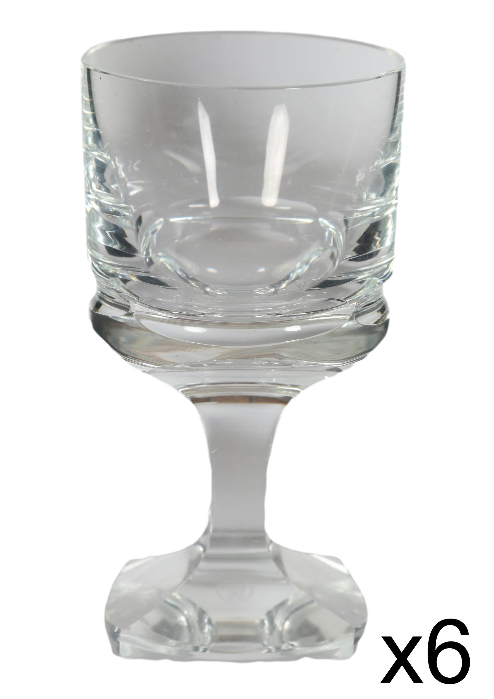 MOSER Bohemian Crystal White Wine Glasses 6pc SET: 20th Century Moser crystal barware. Crafted of fine, clear, Bohemian cut crystal. Features a simple yet elegant design that transitions from circular to a square shape. Above the base are ovular engra