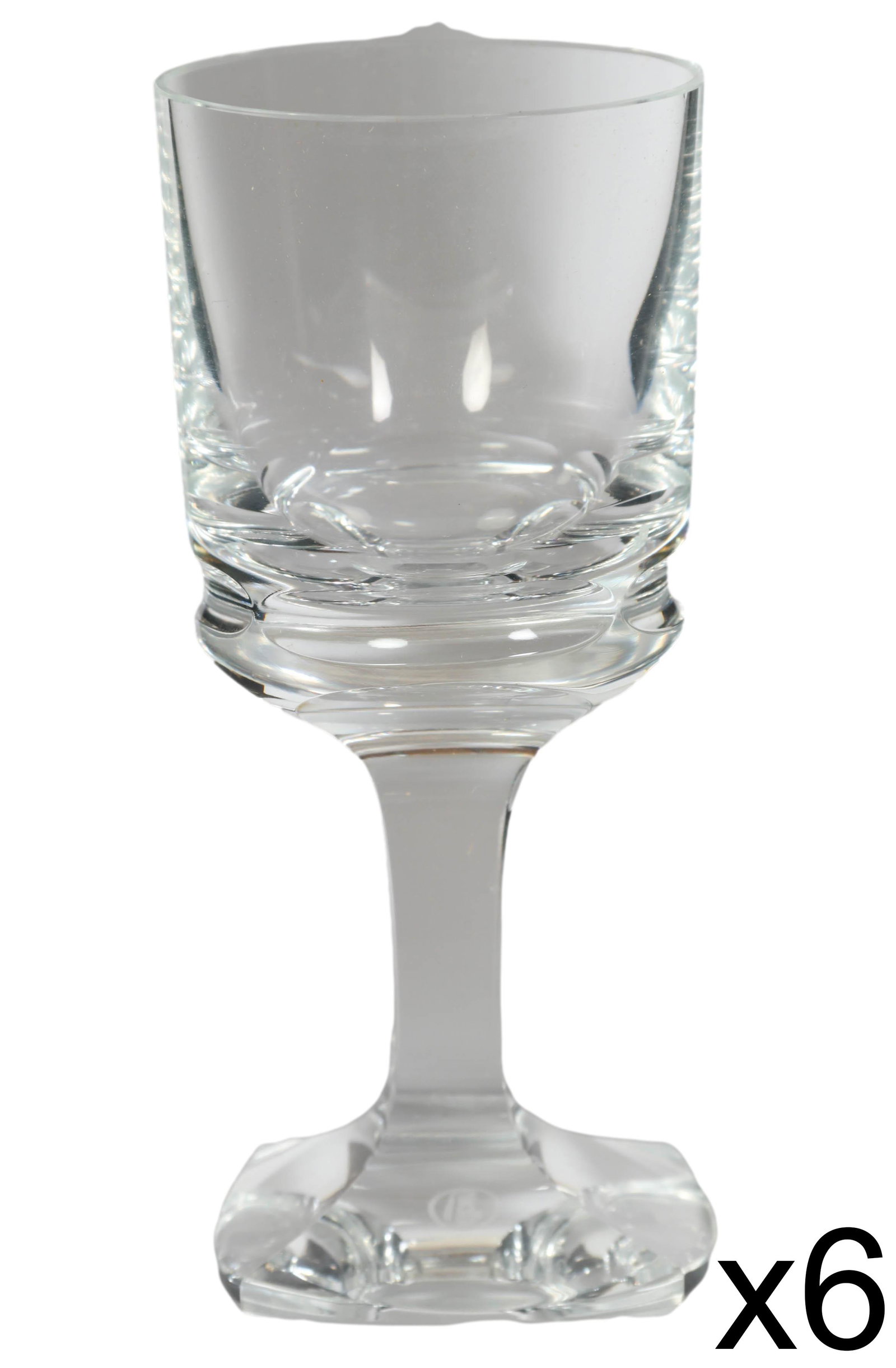 MOSER Bohemian Crystal Red Wine Glasses 6pc SET: 20th Century Moser crystal barware. Crafted of fine, clear, Bohemian cut crystal. Features a simple yet elegant design that transitions from circular to a square shape. Above the base are ovular engra