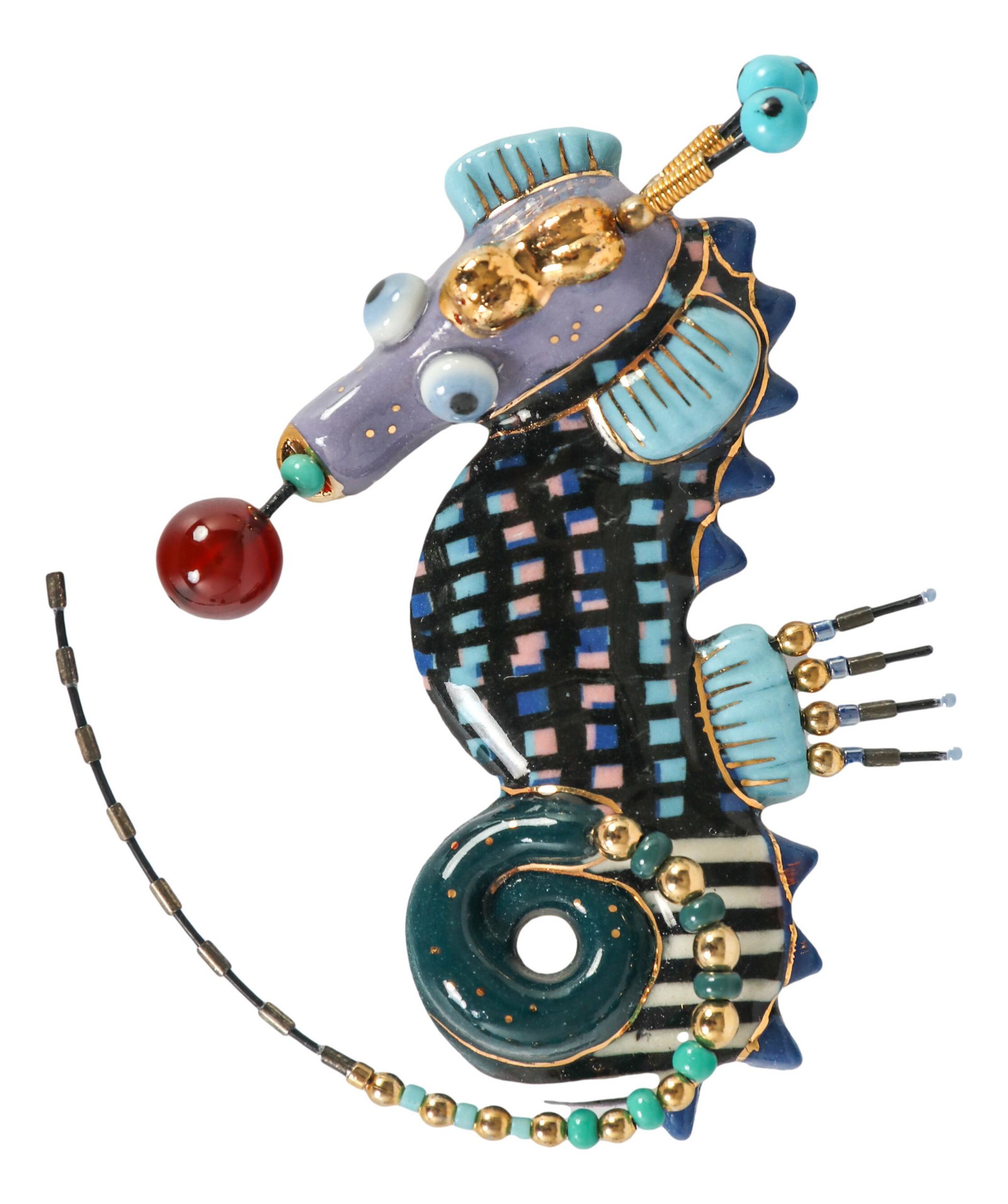Cynthia Chuang Whimsical Jewelry Seahorse Fish Pin: One of a kind (OOAK) handcrafted jewelry by husband and wife team of Taiwan born American artists Cynthia Chuang and Erh Ping Tsai. Composed of materials that include porcelain, ceramic, hand spun wir