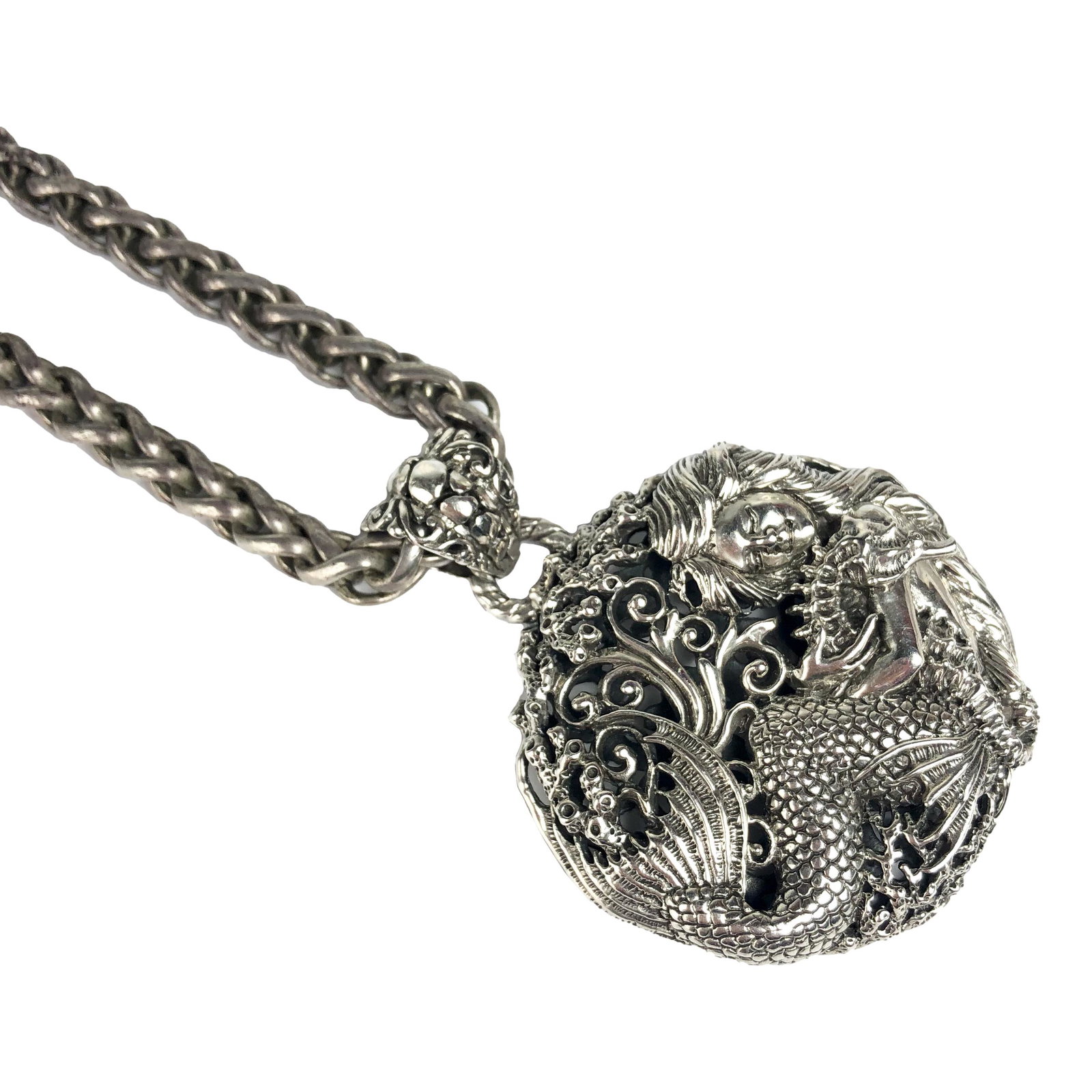 Sarda Sterling Mermaid w Seahorse Pendant Necklace: Sarda ~ established 1994 comes from the vision of designer Janyl Adair Sherman. They are the premier retailer for the luxury jewelry handcrafted in Bali, Indonesia. Features a pierced pendant suspende