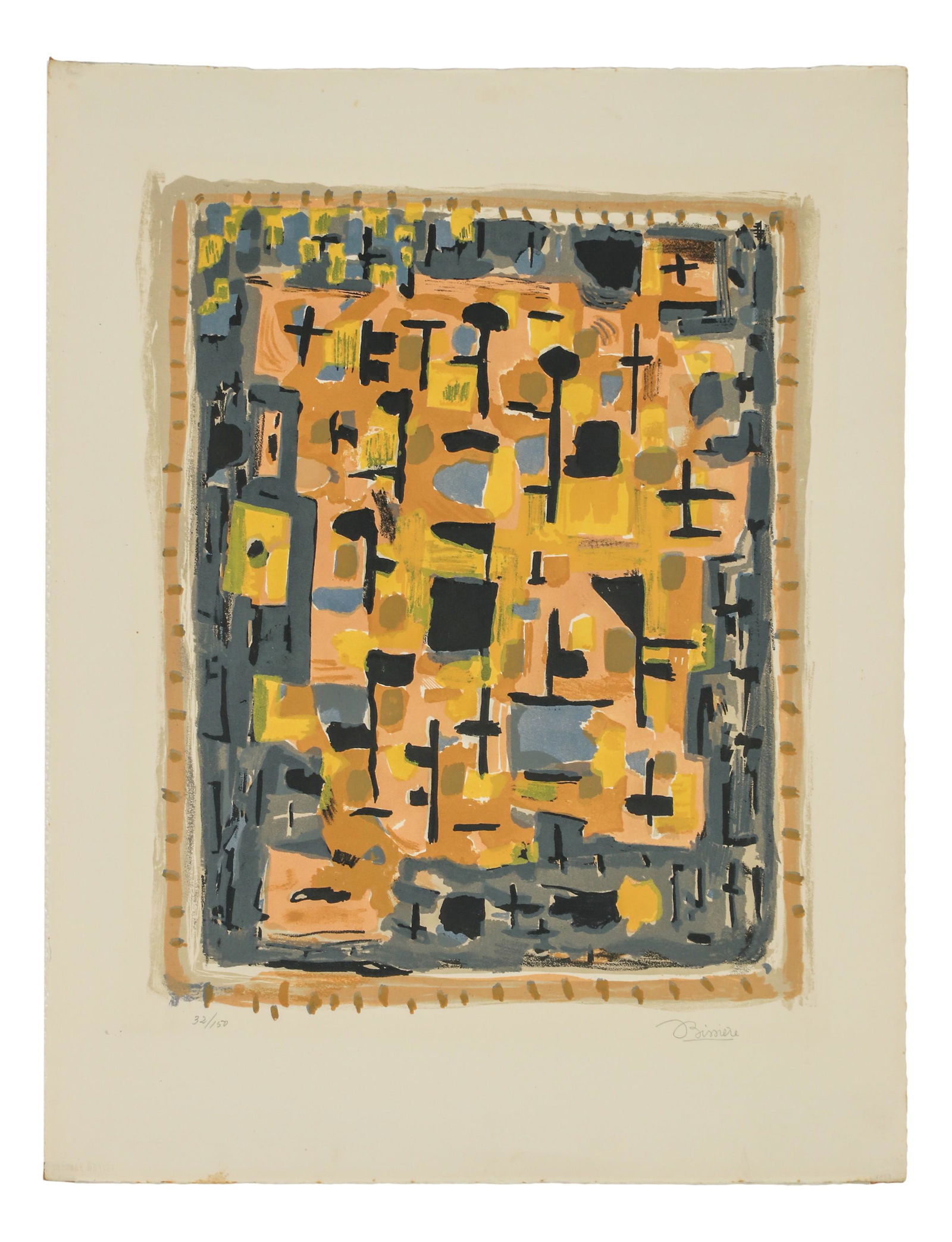 Roger Bissiere 1886-1964 Octobre Lithograph SIGNED: Roger Bissiere (France, 1886-1964). Limited edition color lithograph. titled "Octobre". A modern abstract composition of shapes and forms in soft tones of grey, peach, black and brown. Artist signed l