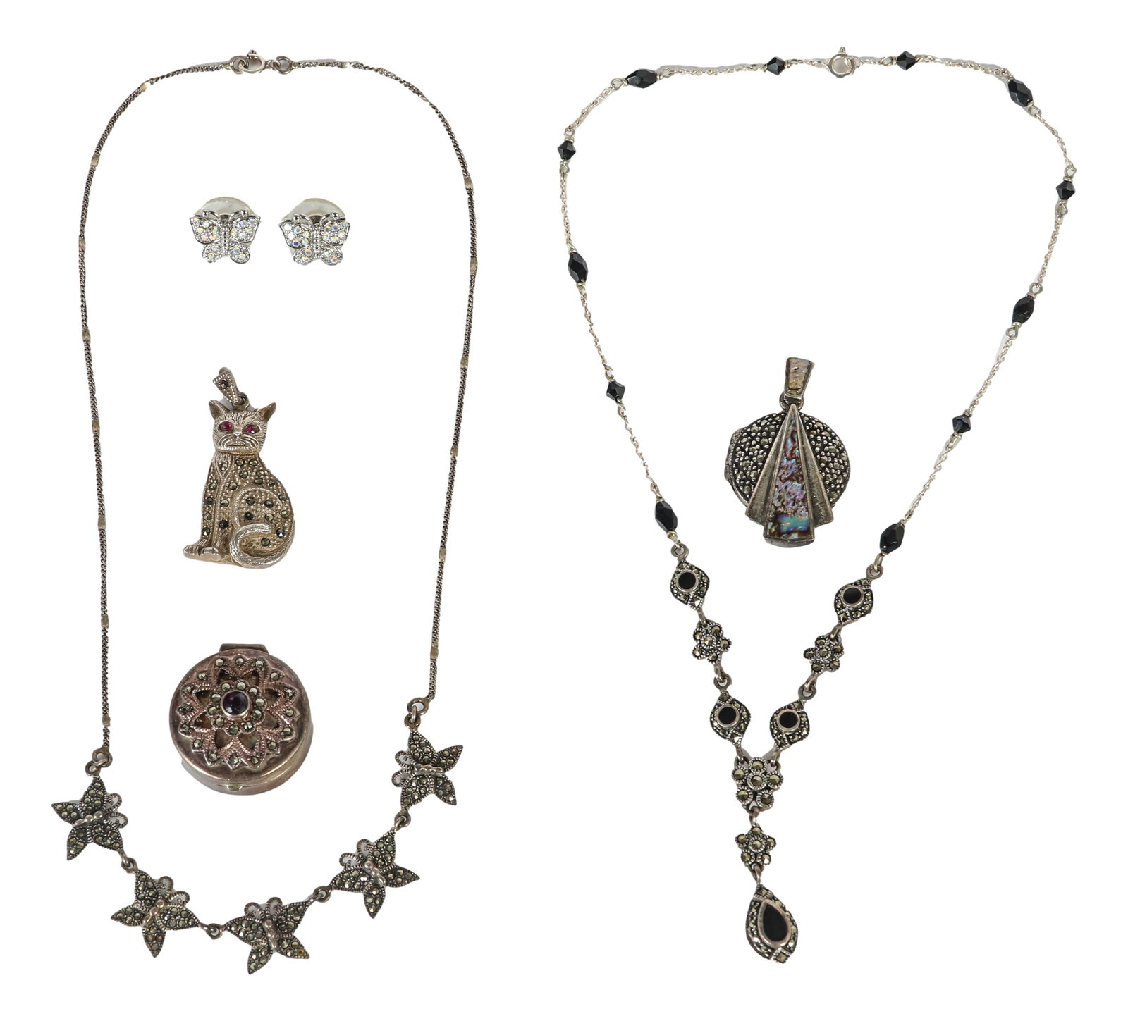 Sterling 925 Pendant Necklace Earring Trinket Box: Includes ~ 2 x necklaces , one with a pendant, 2 x pendants, 1 x pair of earrings and 1 x trinket jewelry box. All embellished with sparkling rhinestones. Necklace measure from 17" - 18". The pendants