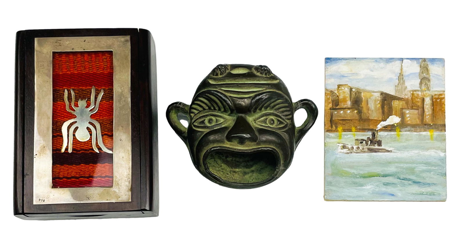 Bronze Ashtray Silver Wood Box Painting 3pc LOT (1 of 9)