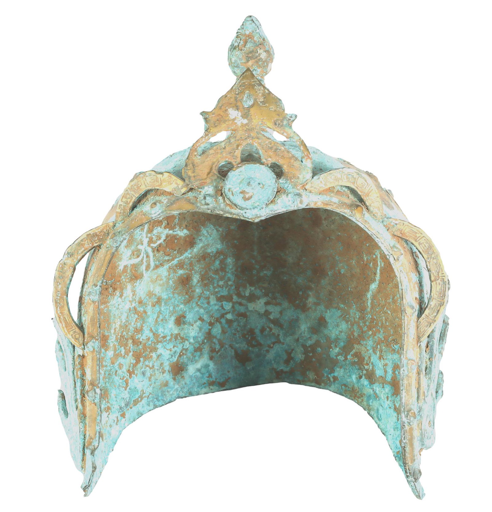 Ancient Style Patinated Gold Gilt Bronze Helmet: 20th century patinated bronze green verdigris helmet of Southeast Asian cultural art. Features a pierced design with applied green patination around the helmet. No apparent markings. Dimensions: 9.75 