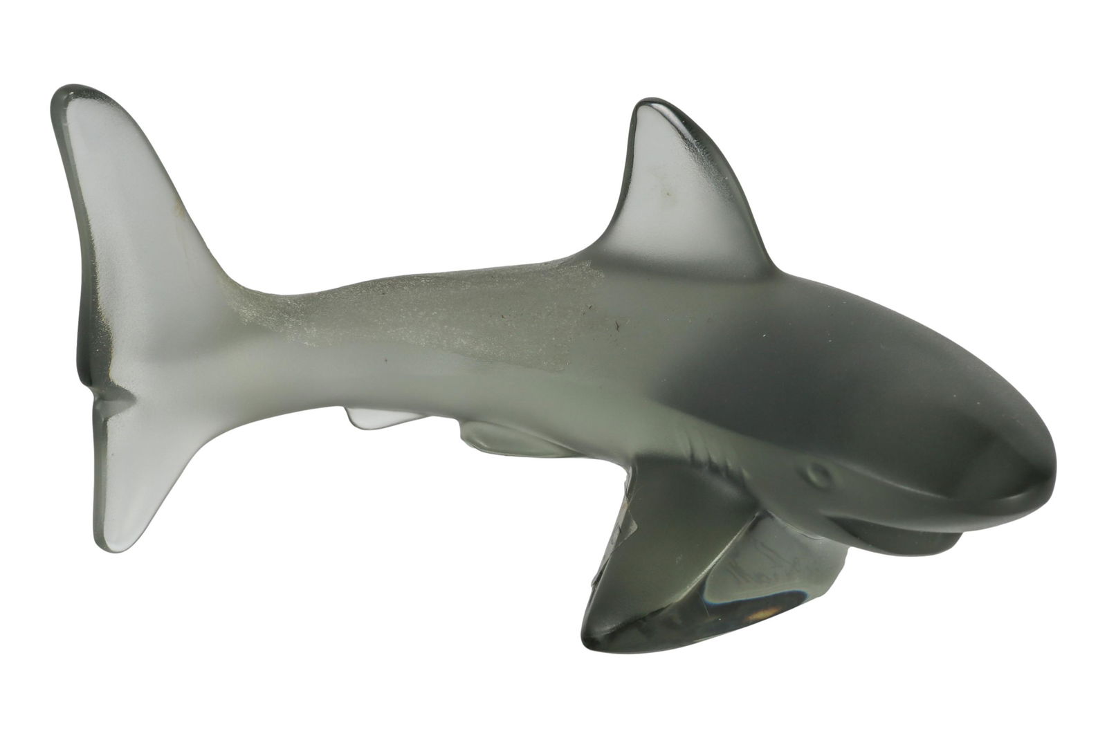 Lalique Gray Frosted Crystal Shark Glass Figurine: 20th century French glass fish figurine. Features this carnivorous fish modeled in a gray frosted finish. Signed Lalique France in cursive script, Underside engraved Atlantis Paradise Island. Dimensio
