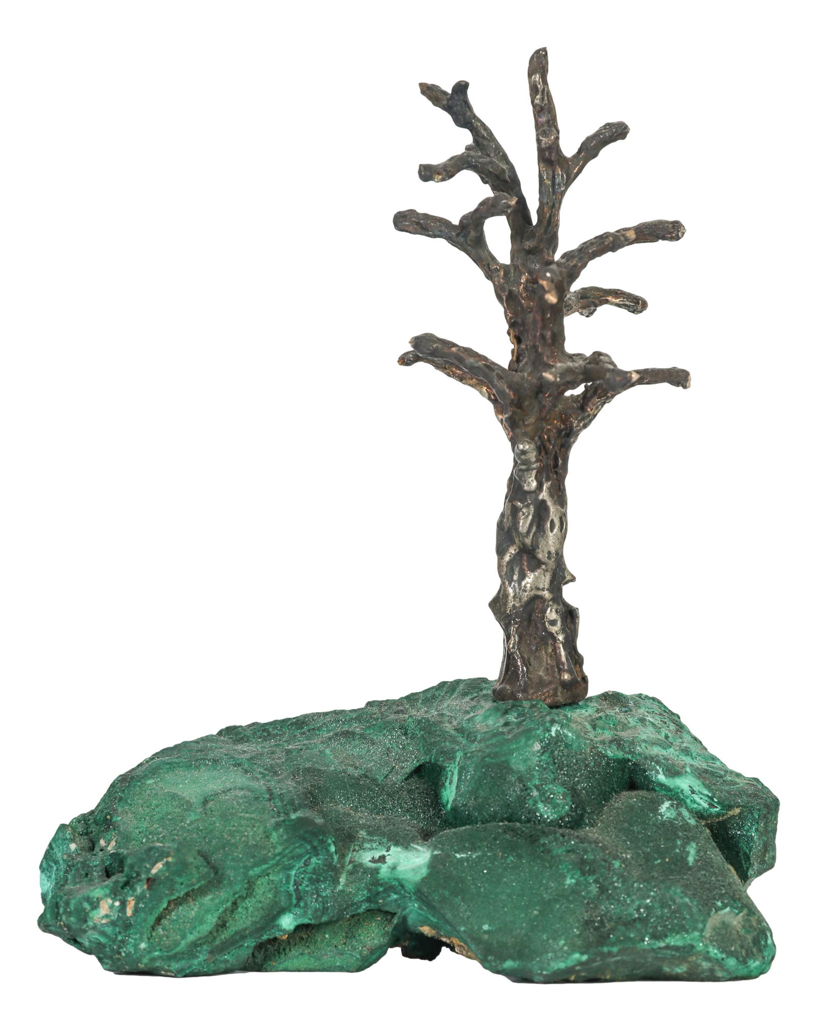 Sterling 925 Mini Tree Sculpture on Malachite Base: Handcrafted mini sterling silver 925 tree mounted atop a green malachite stone base. No apparent markings. Tested / tests positive for silver. Dimensions: 4.75 X 3.5 X 2 in. Condition: Good overa