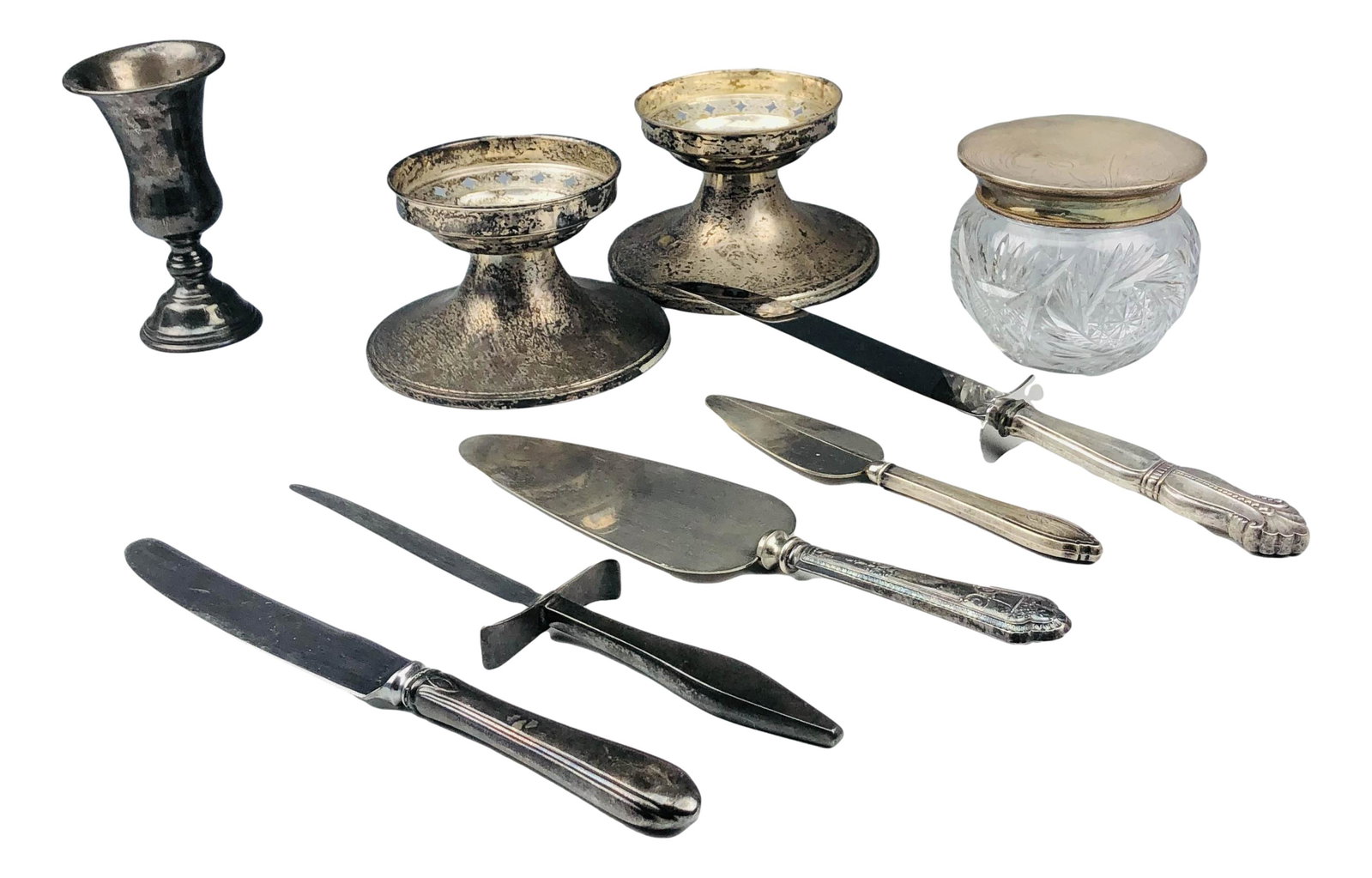 Sterling Silver Cup Jar Candle Holders Flatware LOT: Includes the following articles ~ 1 x weighted pair of Candle Holders. 1 x sterling lidded glass jar. 1 x kiddush Jewish Judaica wine cup. 5 sterling handle pie and meat carving knife. Candle Holders 
