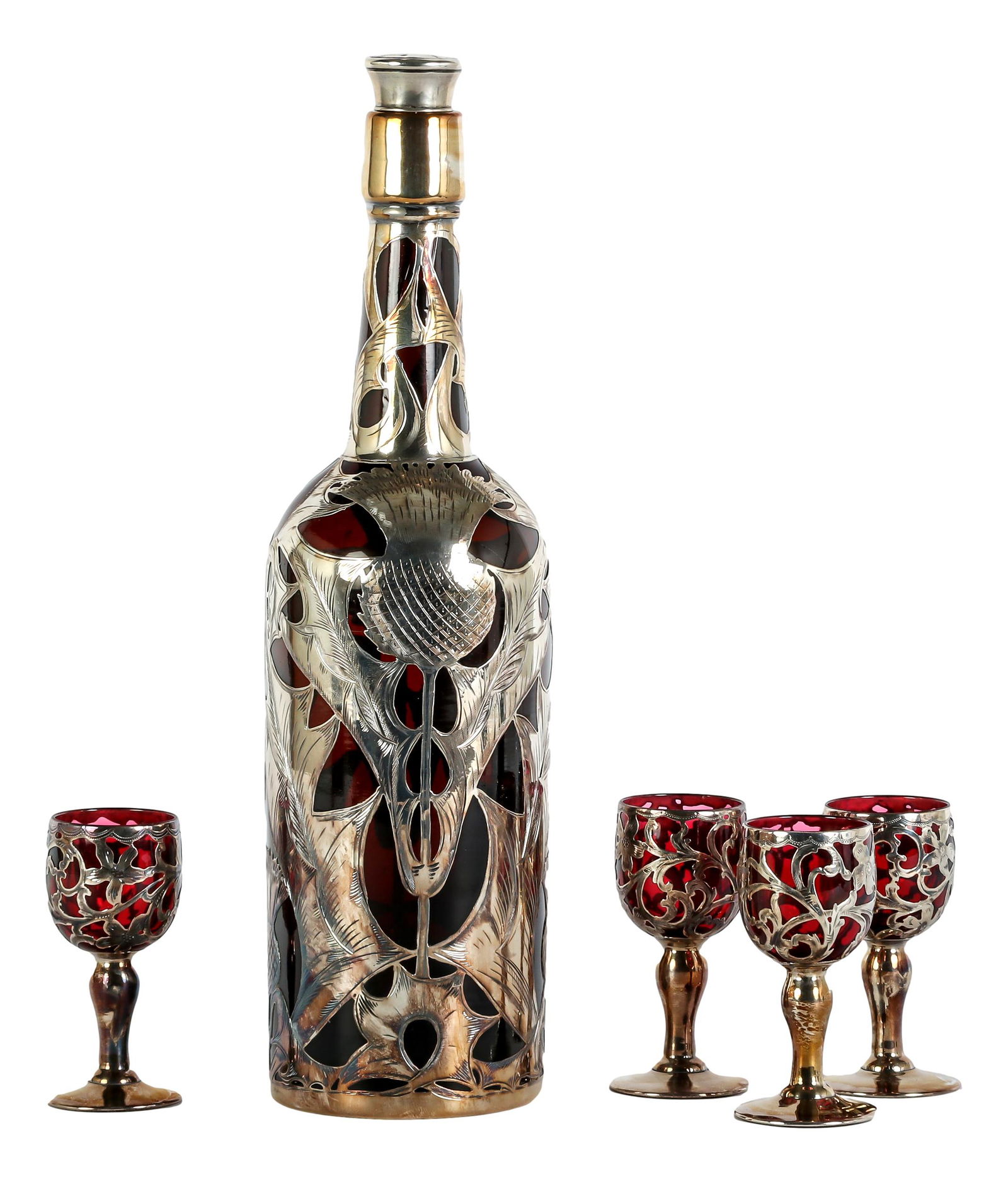 Sterling Overlay Cranberry Glass Bottle 4 Cordials (1 of 5)