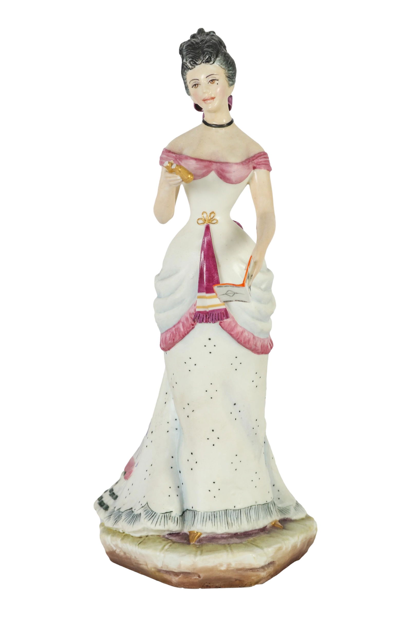 Royal Worcester Rosalind Victorian Lady Figurine: 20th century handcrafted and hand painted English porcelain figurine modeled by Ruth Van Ruyckevelt. titled Rosalind. Depicts a woman in a fancy gown, holding opera glasses in one hand, a program in t