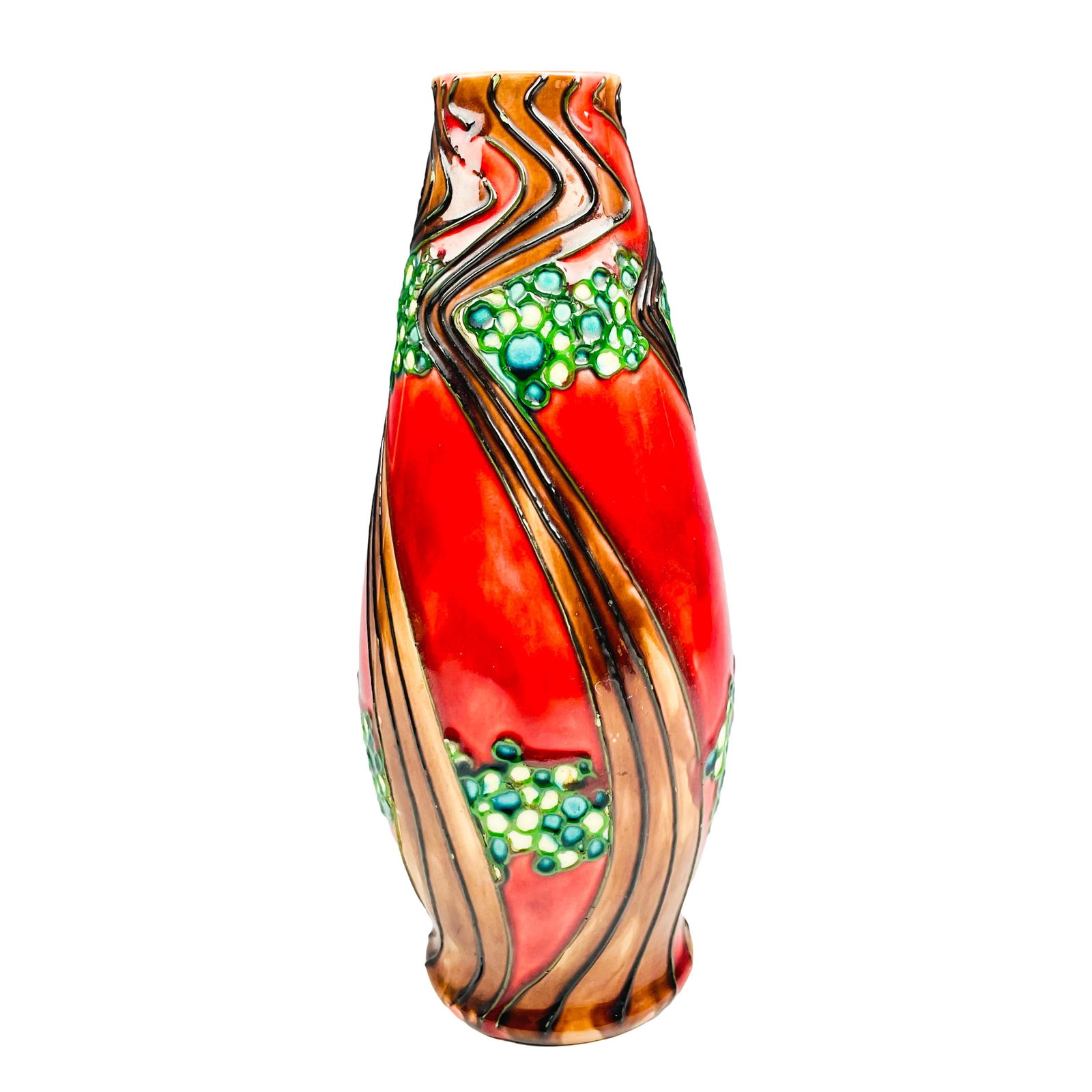 Antique Minton Art Nouveau Ceramic Mantle Vase: Late 19th / early 20th century ceramic display vase designed by Leon Victor Solon C1905. Vividly colored with tapered ovoid shaped body. Graced with an organic whiplash tube lined design over a strong