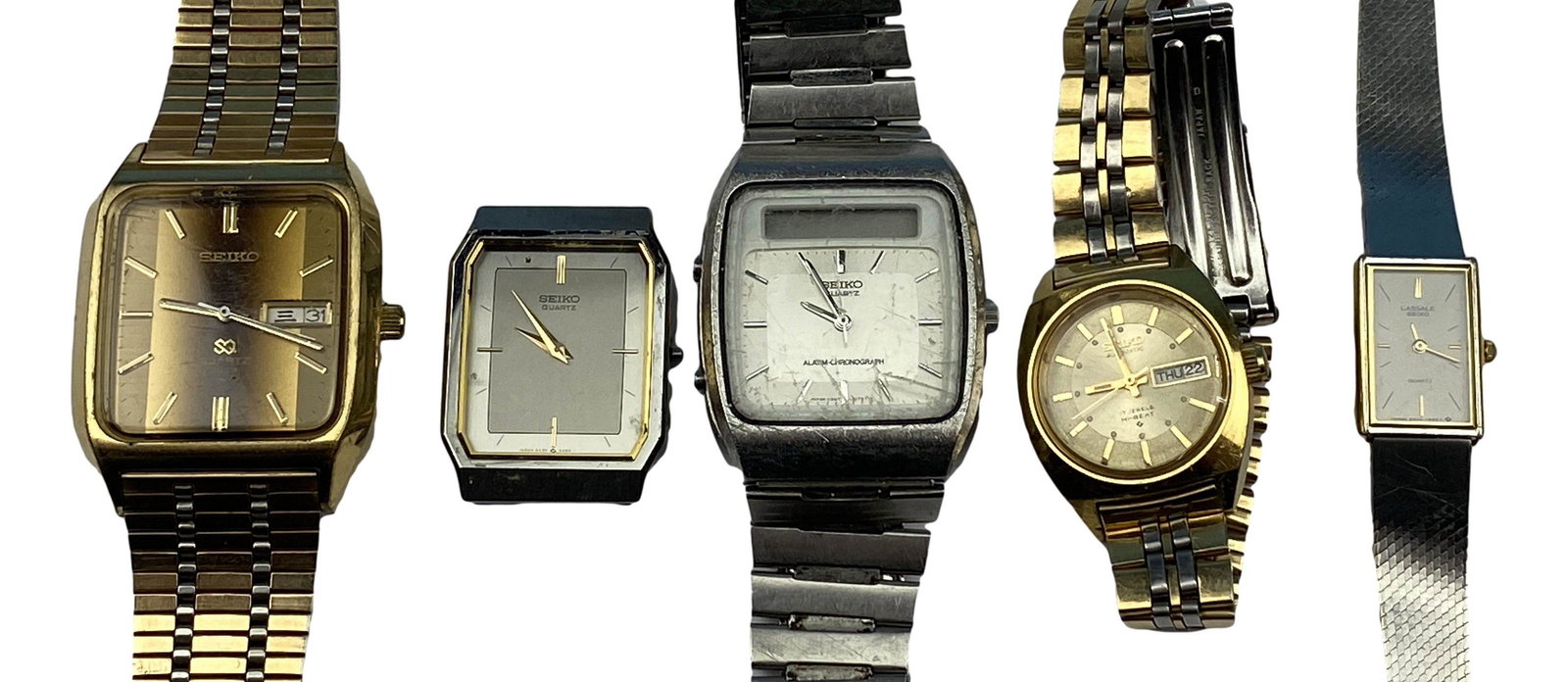 Seiko Automatic & Quartz Men Women Watch 5pc LOT: Includes ~ 1 x Seiko Quartz 3003. 1 x Seiko Quartz Alarm Chronograph. 1 x Seiko Quartz ( no bands ). 1 x LaSalle Seiko Quartz (women's ). 1 x Seiko Automatic Hi Beat ( women's ). Case measures from 24