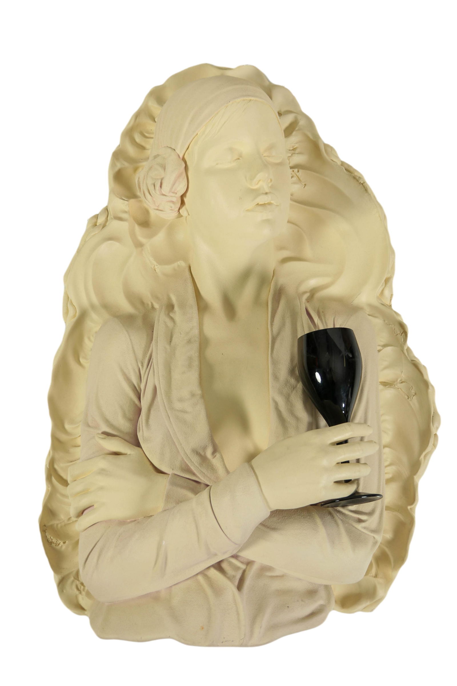 Marc Sijan Woman Realistic Wall Sculpture SIGNED: Marc Sijuan (American, born 1946) 20th century realistic wall sculpture. titled and dated on verso "Champagne Glass" 1986. Limited edition number 14/95. Features a Deco style girl in hyper realism hol