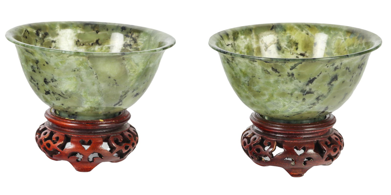 Chinese Pair of Spinach Jade Bowl with Wood Stand (1 of 4)