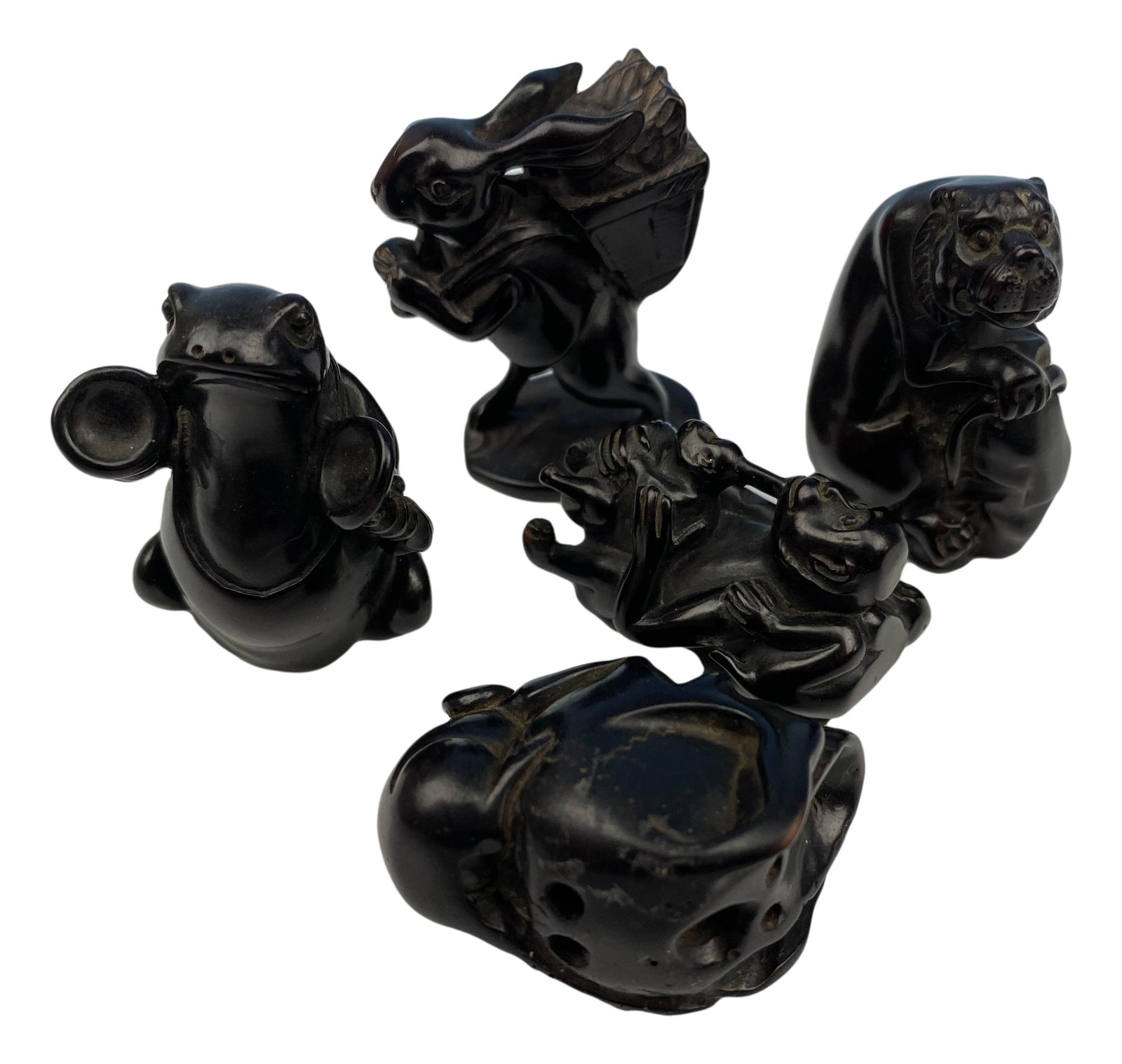 Chinese Rabbit Frog Monkey Carved Netsuke 5pc LOT: Includes 5 hand carved resin composition animals that includes rabbits, a frog, a monkey and another animal. Well detailed. Measure from 1 1/2" - 2". No apparent markings or signatures. Condition: Goo