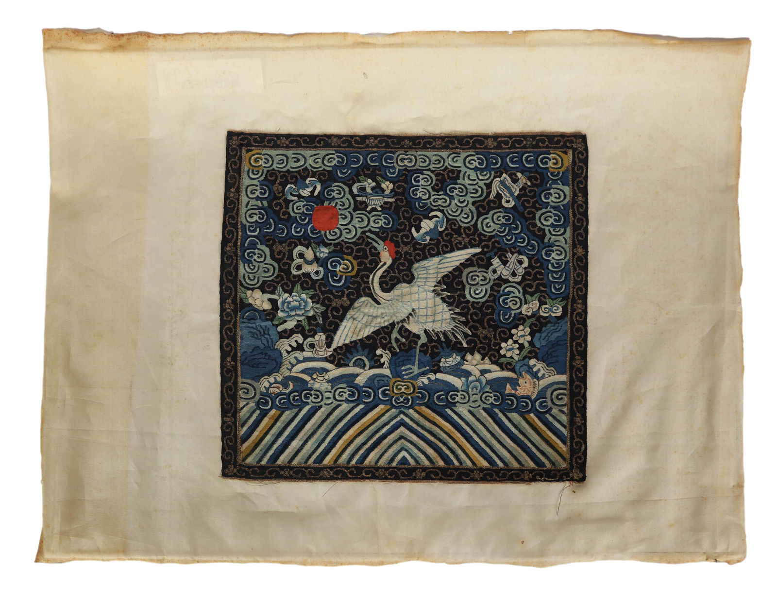 Chinese Hand Woven Silk Crane Sun Cloud Fish Panel (1 of 3)