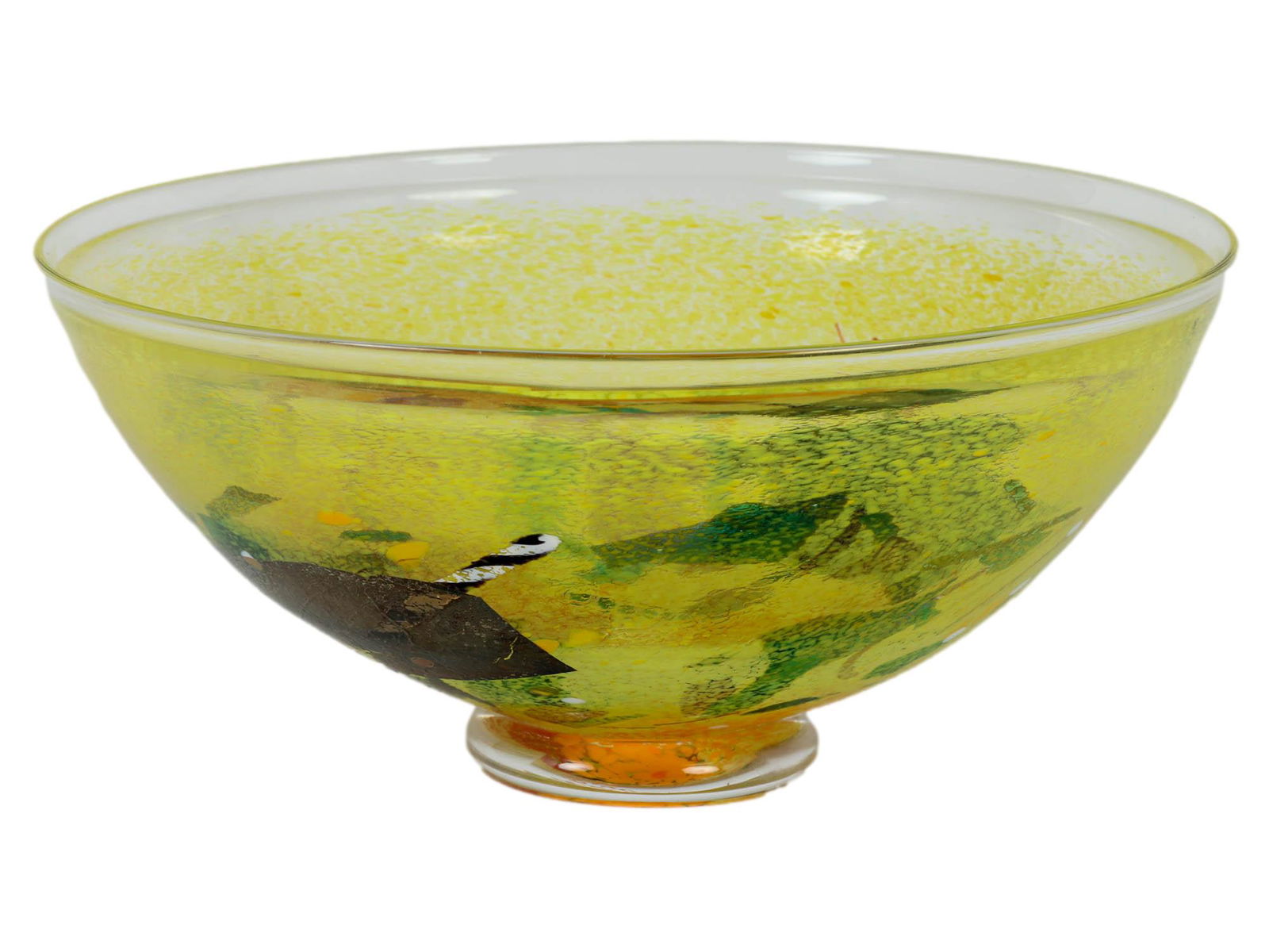 Kosta Boda Bertil Vallien Satellite Art Glass Bowl: Studio hand blown art glass bowl designed for Kosta Boda in 1992 by Bertil Vallien ( Swedish, born 1938 ). Design features objects with strong colors with a patchy decor against a lemon yellow ground.