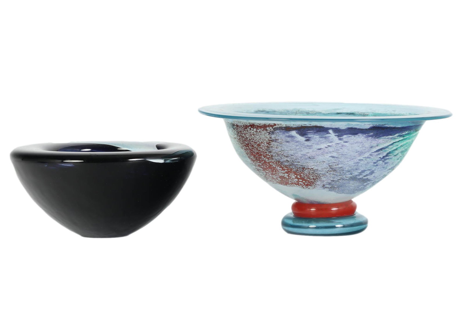 Kosta Boda Swedish Studio Art Glass Bowl 2pc LOT: Mid century modern studio hand blown art glass of Scandinavian origin. The larger footed bowl was designed by Kjell Engman and titled Cancan. Graced with a flat wide rim over a mottled body on a stepp
