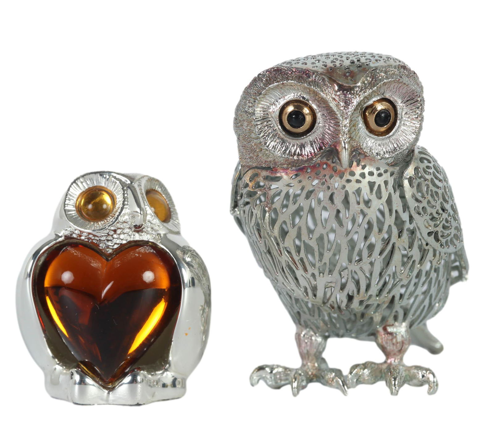 Christofle Silver Plate Amber Glass Owl 2pc LOT (1 of 4)