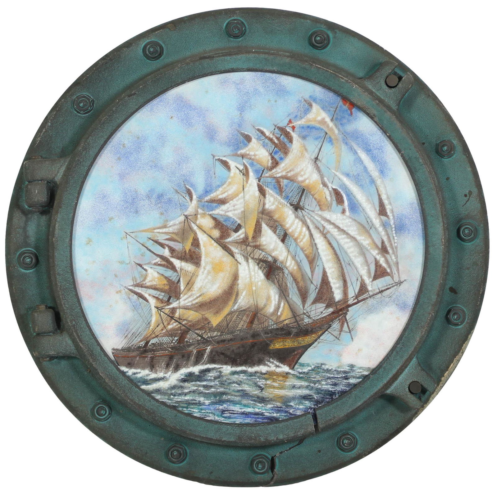 Enamel Clipper Ship Painting In Porthole Frame (1 of 4)