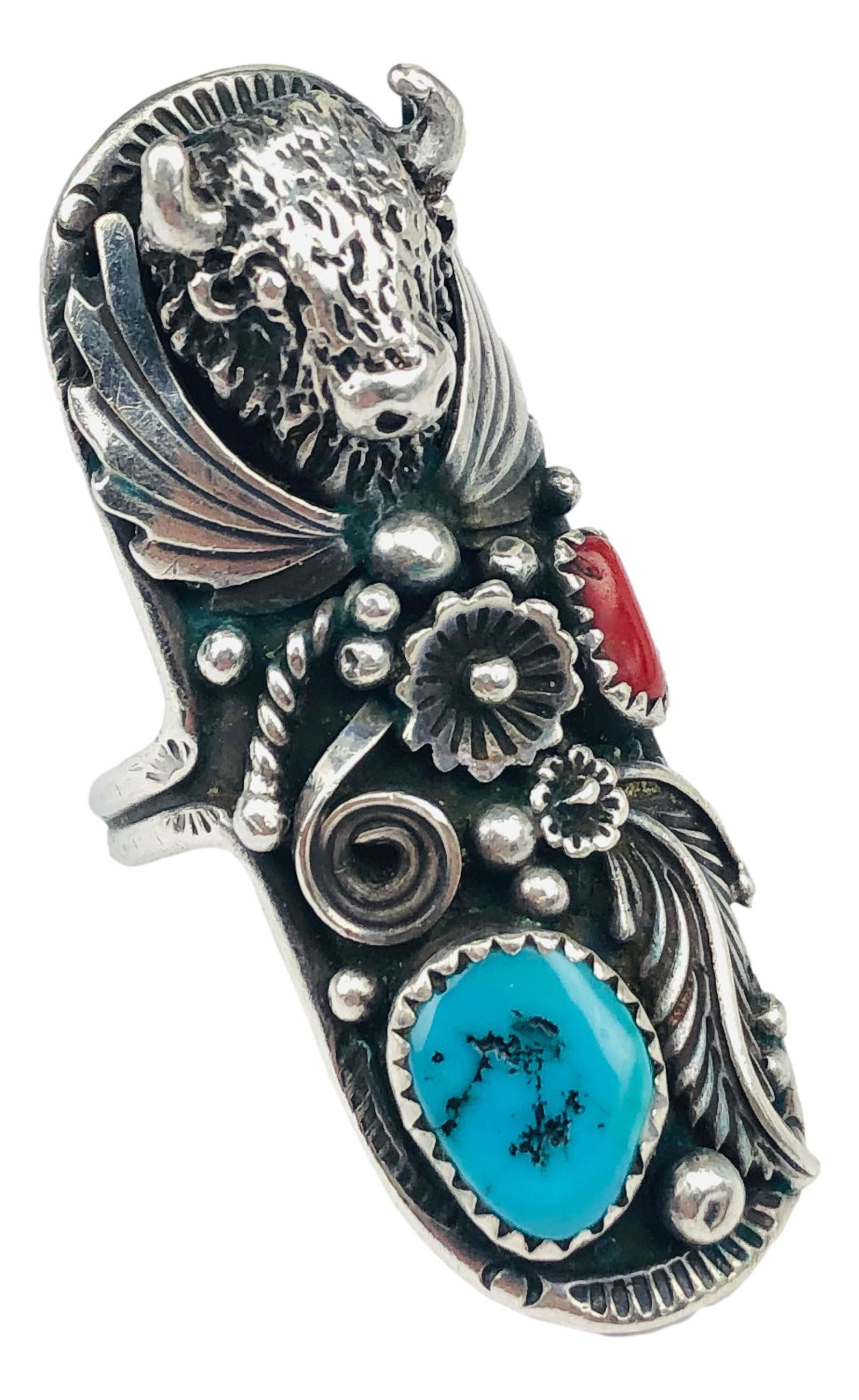 Native Indian Sterling Turquoise Coral Bison Ring (1 of 4)