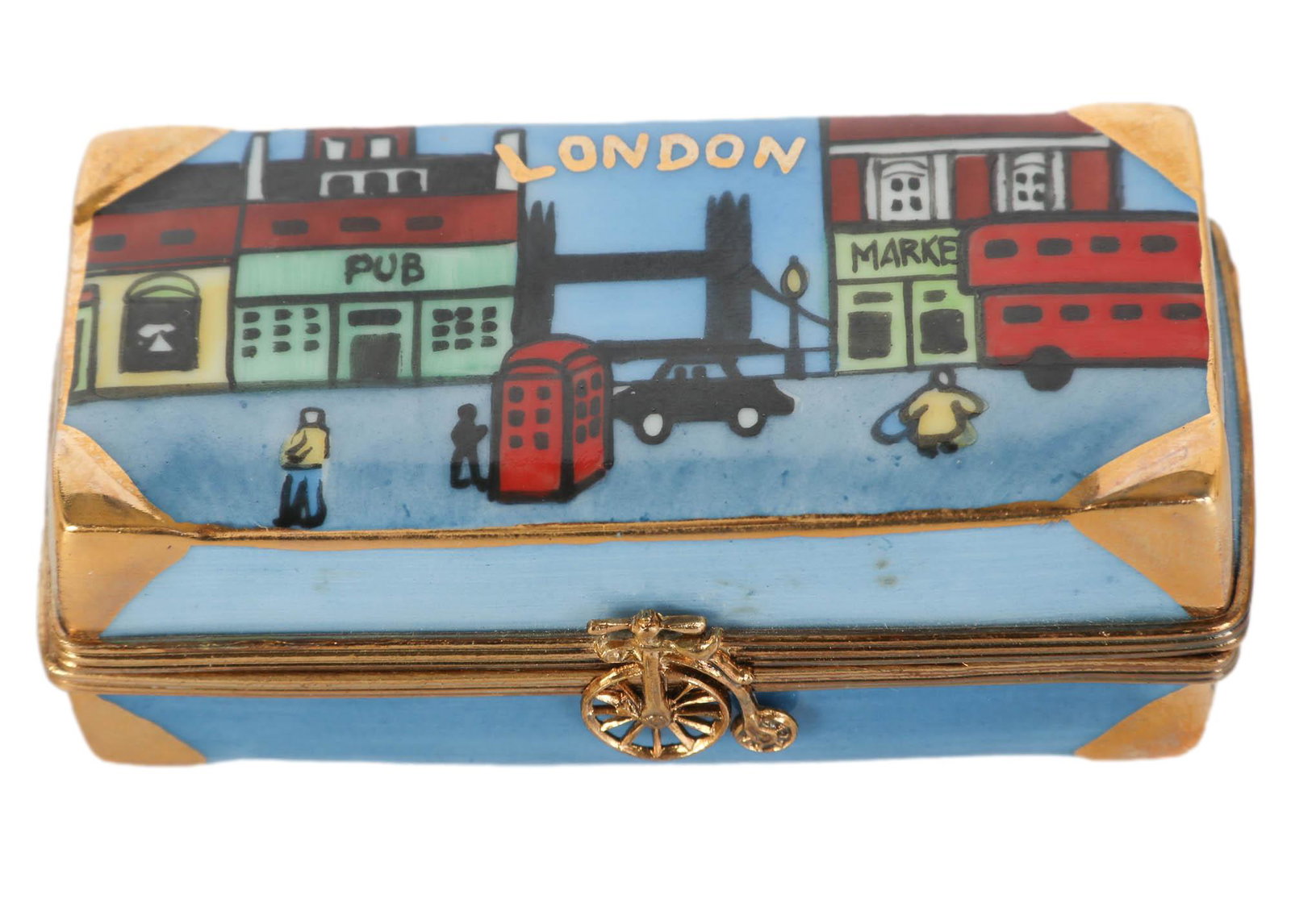 Limoges London Street Scene Porcelain Trinket Box: handcrafted and hand painted French porcelain trinket jewelry ring coin storage box. Depicts an English cityscape street scene with gold painted edge corners. Gold gilt mounted penny farthing clasp cl