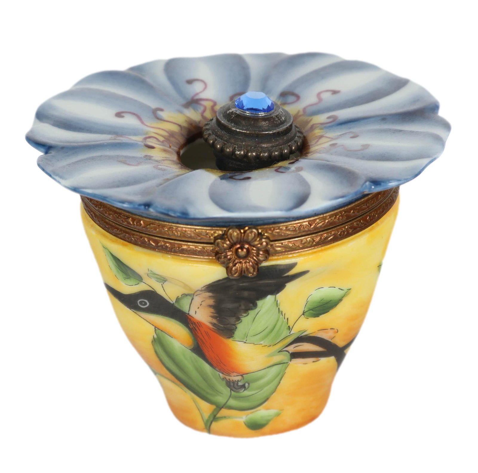 Limoges Flower Pot w/ Bottle Porcelain Trinket Box: Hand painted and handcrafted French porcelain trinket jewelry ring coin storage box. Modeled in the form of flower pot with a fully bloomed flower with glass scent bottle with bejeweled cap inside. Gi