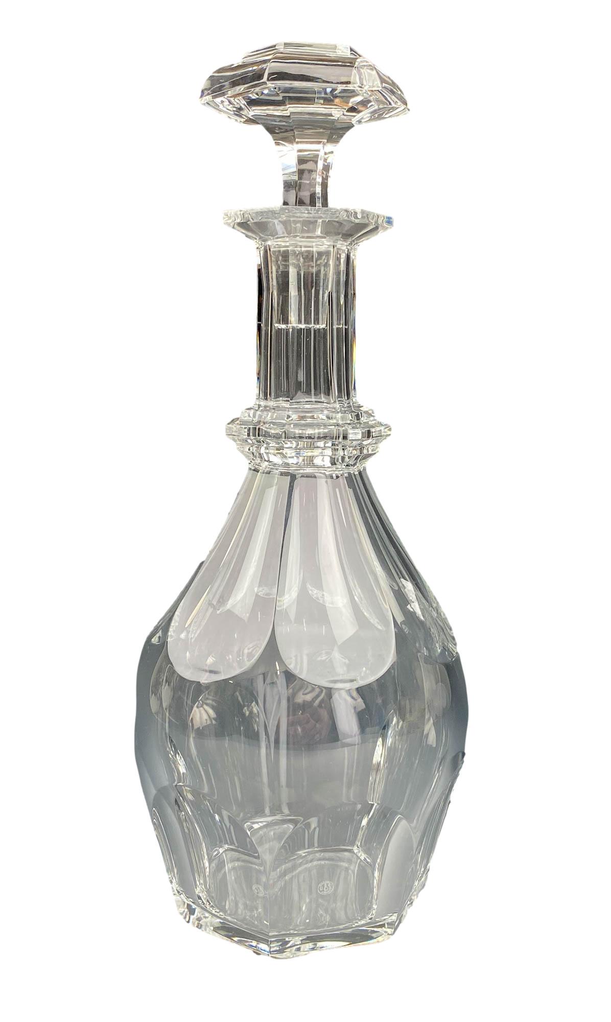 Baccarat Crystal Harcourt Versailles Bar Decanter: French clear cut crystal art glass bar barware alcohol liquour wine decanter. Modeled by Baccarat in their Harcourt - Versailles pattern first introduced in 1841. Showcases a cut concave panel design 