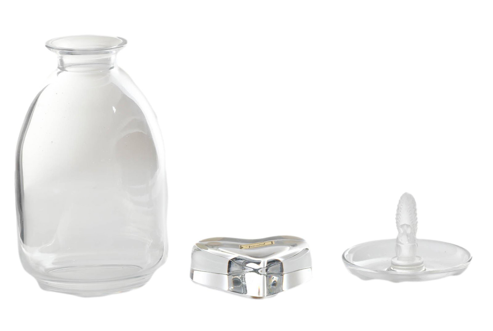 Lalique Ring Tray Vase & Baccarat Desk Paperweight: LOT Includes ~ 1 x Lalique "Ecureuil" frosted crystal squirrel clear art glass ring pin trinket dish tray. 1 x clear art glass Lalique bottle vase / wine carafe ( missing the stopper ). 1 x Baccarat c