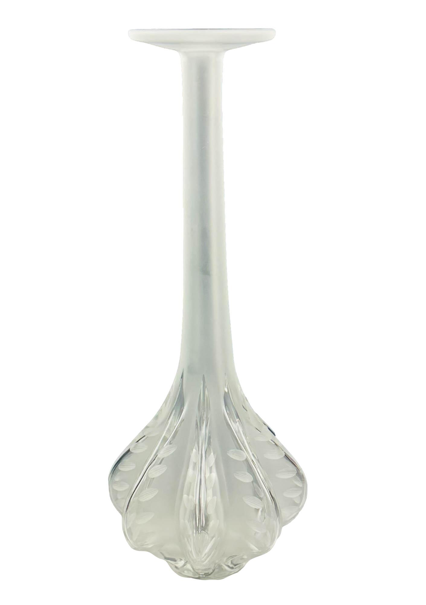 Lalique Crystal Claude Frosted Art Glass 14" Vase: Designed by Marie Claude Lalique ( French, 1935 - 2003 ). This "Claude" vase from the 1960's features a bottle form with flat rimmed mouth on an elongated tapered neck, the segmented bulbous body with