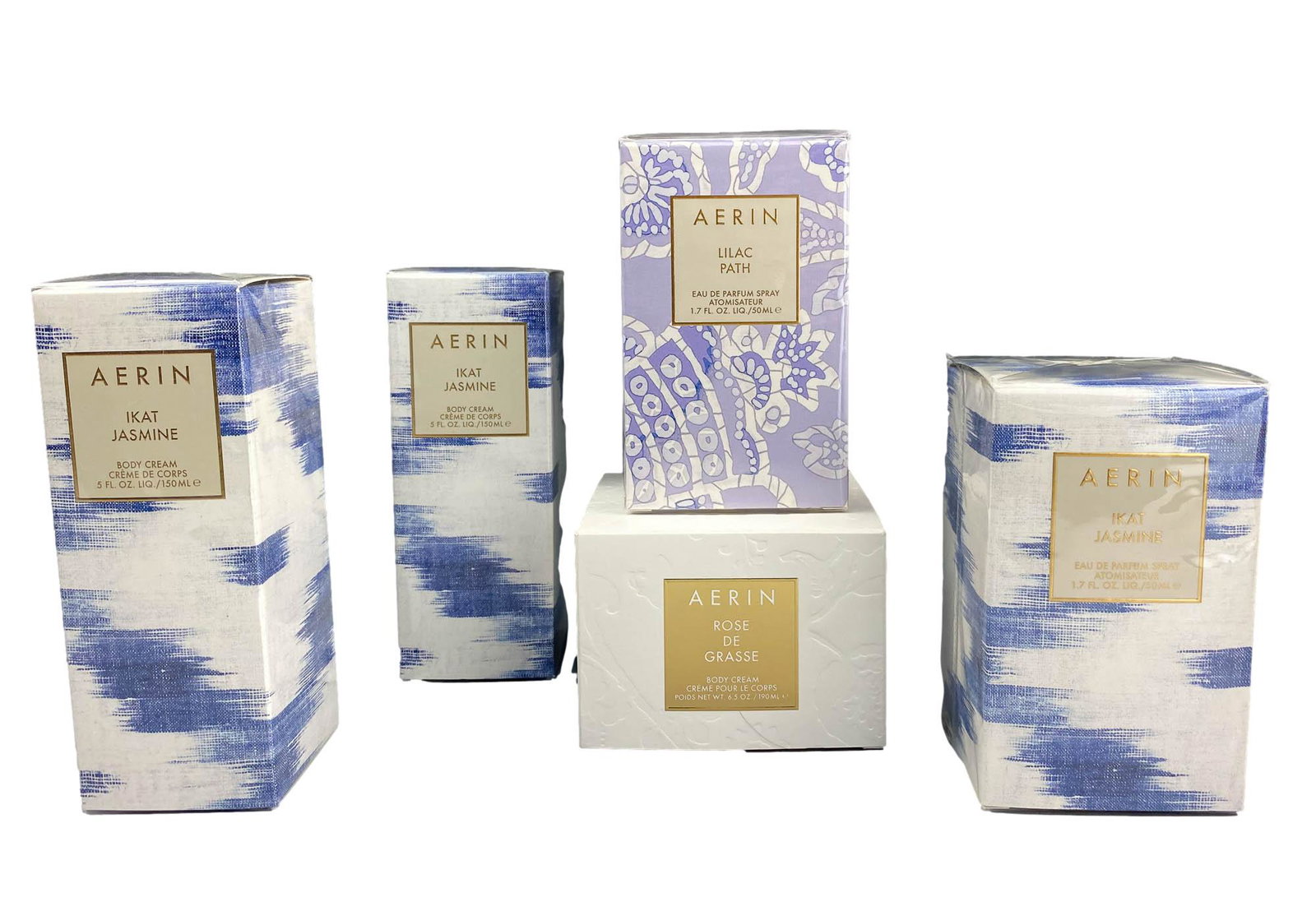 Aerin Perfume Spray & Body Cream 5pc LOT SEALED: Includes ~ 2 x Eau De Parfum Spray one fragrance being Lilac Path, the other being Ikat Jasmine. 2 x body cream in the Ikat Jasmine fragrance. 1 body cream in the Rose De Grasse fragrance. All are sti