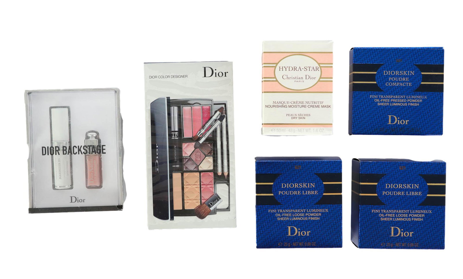 Christian Dior Cream Powder Mascara Makeup 6pc LOT: Includes ~ 1 x All in One Makeup Palette. 3 x Oil Free Loose Powder with Sheer Luminous Finish .88 oz. 1 x Nourishing Moisture Creme Mask 1.6oz. 1 x Lip Maximizer & Base Mascara Lash Primer. Boxes mea
